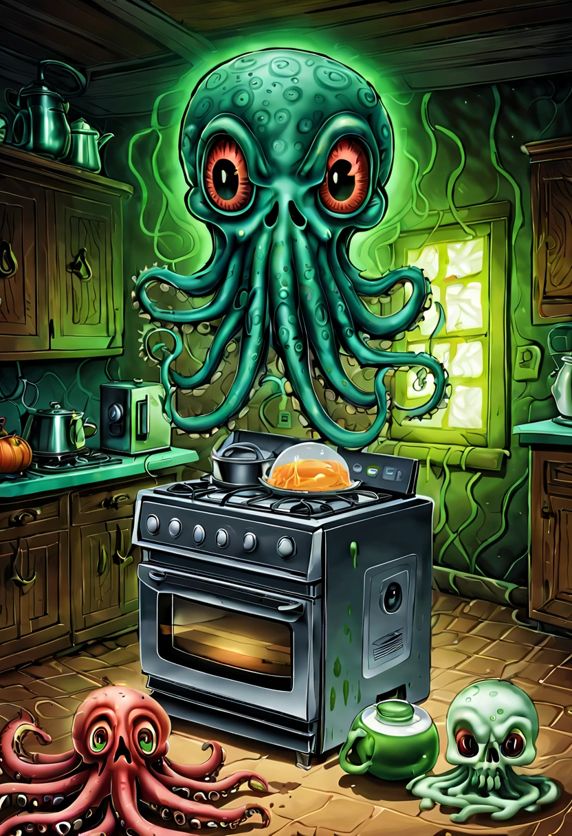 As an illustrator，I&#39;m going to draw you an illustration of a weird kitchen appliance.。I will analyze the topic in detail，and highlights the weirdness of kitchen appliances，With a western spooky atmosphere，Blending horror at the same time、Humor and cute elements。I will analyze and describe the details step by step，Strive to create unique and innovative effects，Make illustrations full of personality and imagination。 Above all，I will select several common kitchen appliances as the main elements，For example, refrigerator、microwave oven、Blender etc.。These appliances will be brought to life，Looks like a ghost with a soul。 The refrigerator is the centerpiece of the illustration，Its appearance will be transformed to be more scary and weird。I&#39;ll make the refrigerator door twist，As if being opened in reverse，Revealing a dark interior。There will be a pair of big eyes on the refrigerator，Eyes dark and scary，Emit green light。There will be cracks and dents on the exterior of the refrigerator，Gives people an old and dilapidated feel。 The microwave oven will be given a weird expression。The numbers and buttons on its control panel become distorted，As if jumping randomly。After the microwave door is opened，There will be a fluorescent green mist inside，Exudes an eerie glow。A long arm extends from the inside of the microwave，Fingers bent like claws。 The blender is a cute element in the entire illustration，But also with horrific details。The blender will have a charming smiling face，But there are sharp teeth in the mouth。Its stirring rod turns into long tentacles，like an octopus，moving around。 The tone of the entire illustration is mainly dark，Paired with a ghostly green glow and some blood red details，Create a scary and unique atmosphere。In the background，You can add some shadows、Dim lights and shabby walls，Further enhance the sense of terror。 Except for the appliance itself，I will also add some small details to the illustrations，Such as cracks in kitchen tiles、faded wallpaper on wall、Stains on the floor, etc.。These details will make the entire illustration more real and vivid。 Enfim，I will use innovative painting styles and painting techniques，By the line、Shades and textures to express the quirkiness and humor of appliances。I will try to highlight the characteristics of each element as much as possible，Make illustrations full of personality and creativity。