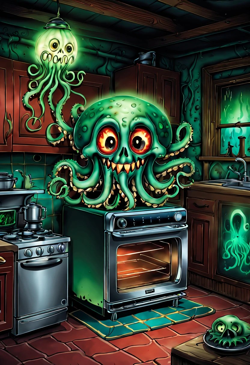 A monstrous creature made of rotten vegetables and moldy bread, with glowing eyes and writhing tendrils, hidden inside a dimly lit refrigerator. The creature has a slimy texture and a vaguely humanoid shape. The environment is cluttered with other decaying food items. The scene is eerie and unsettling.