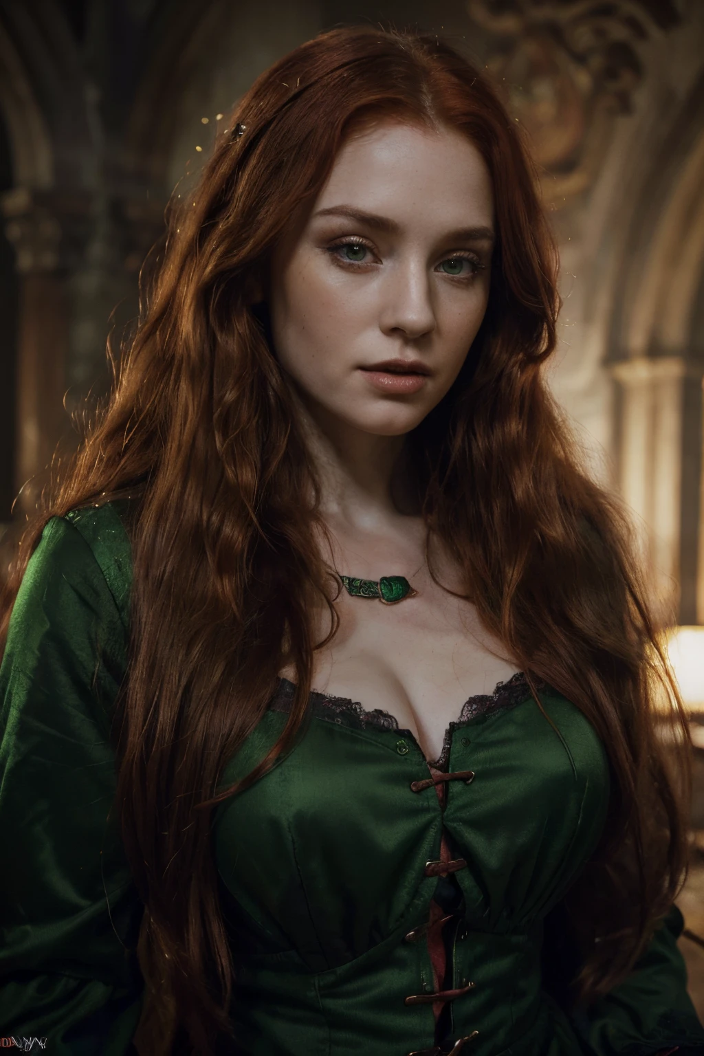 (best quality,4k,8k,highres,masterpiece:1.2),ultra-detailed,(realistic,photorealistic,photo-realistic:1.37),a beautiful Irish lady with flowing red hair,woman with long flowing red hair and green medieval dress,detailed eyes and lips,a mesmerizing vampire lady,medieval vampire queen,portraits,dark and dramatic lighting,rich and vibrant colors