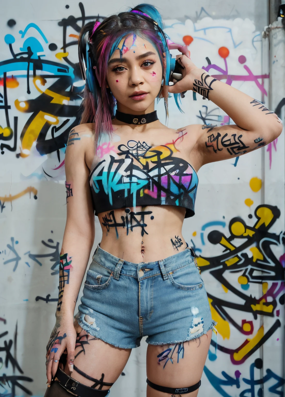 masterpiece, best quality, 1 indian girl, solo, crop top, denim top less shorts, choker, (graffiti:1.5), paint splatter, arms behind back, against wall, looking at viewer, armband, thigh strap, paint on body, head tilt, bored, multicolored hair, aqua eyes, headset,full nude, blowjob, 