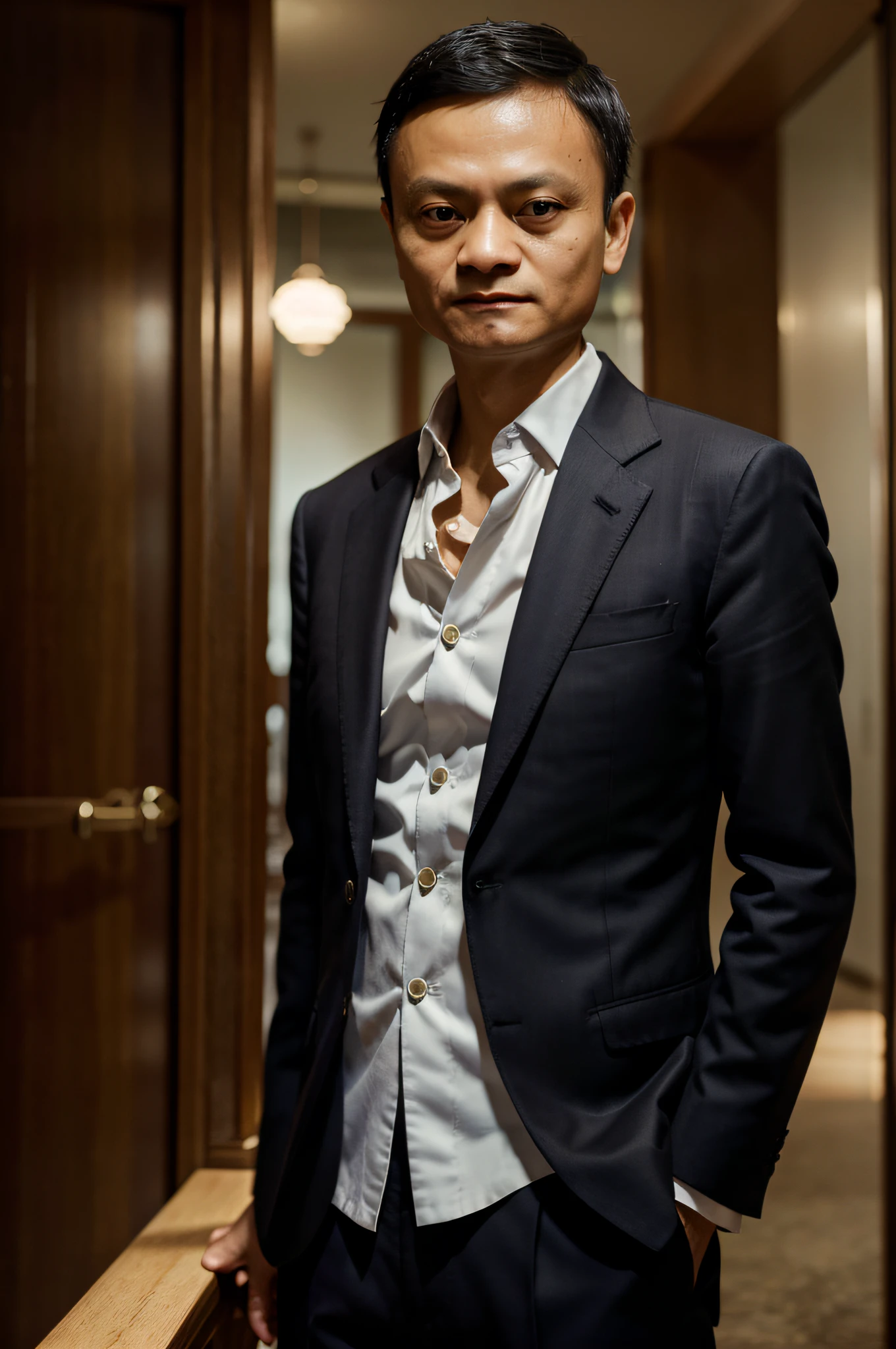 Jack Ma, wearing a suit, beautiful lighting, best quality, realistic, full-length portrait, realistic image, intricate details, depth of field. highly detailed