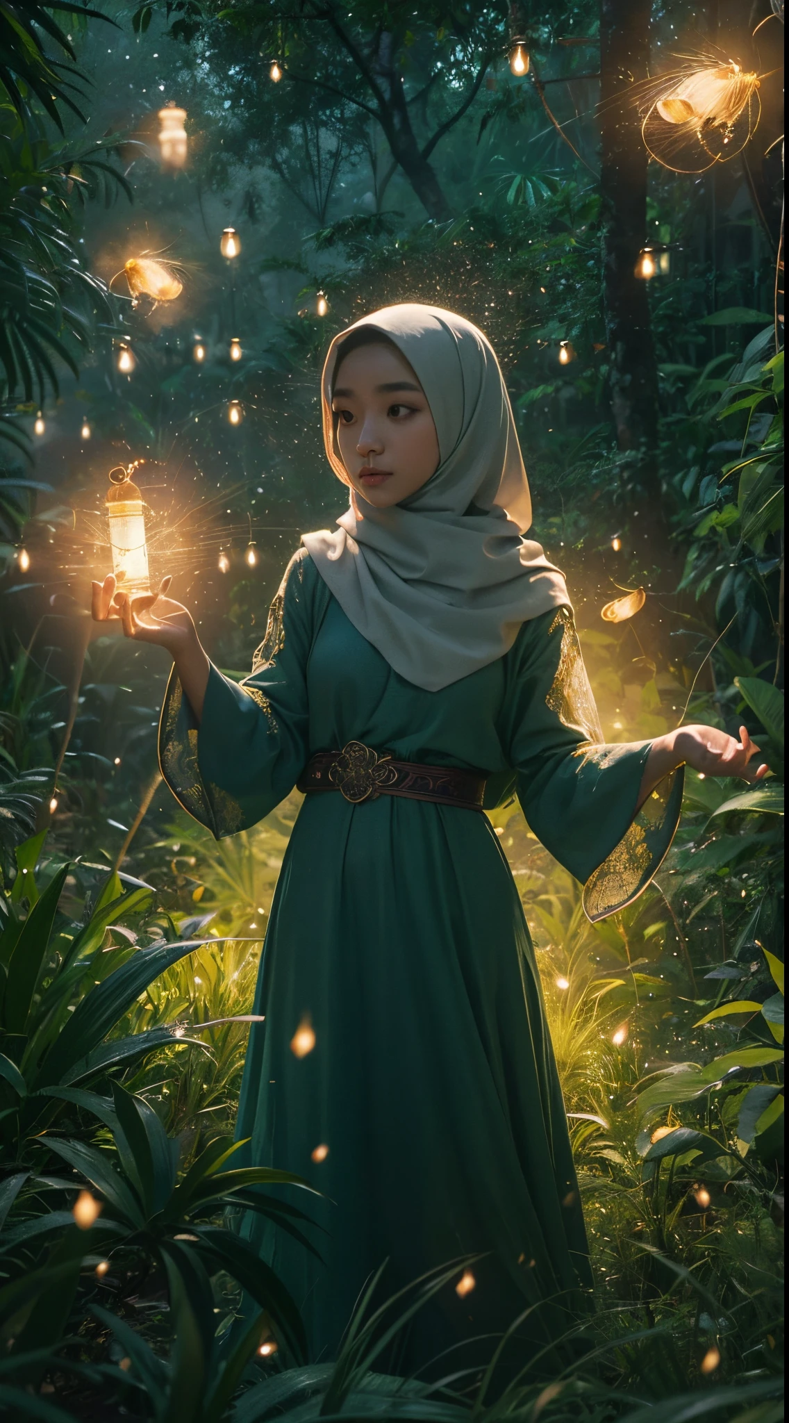 "Imagine a serene moonlit night in a dense Malay jungle where a girl in hijab practices traditional martial arts surrounded by mystical fireflies. Capture the elegance and grace of her movements as the fireflies create a magical aura around her."