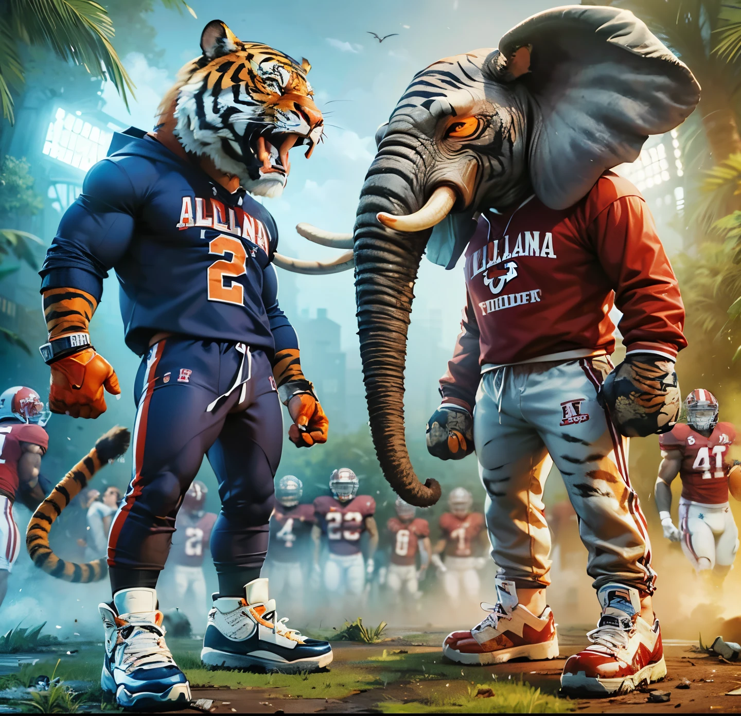 Very large muscular humanoid Bodybuilding Elephant wearing a University of Alabama Crimson Tide Football Jersey, Punching a humanoid Tiger wearing a Auburn University Tigers Jersey in the face, the Tiger has blood coming from his mouth and teeth are flying out of his mouth, the background is a Football stadium that has been destroyed, toilet paper and trash everywhere,