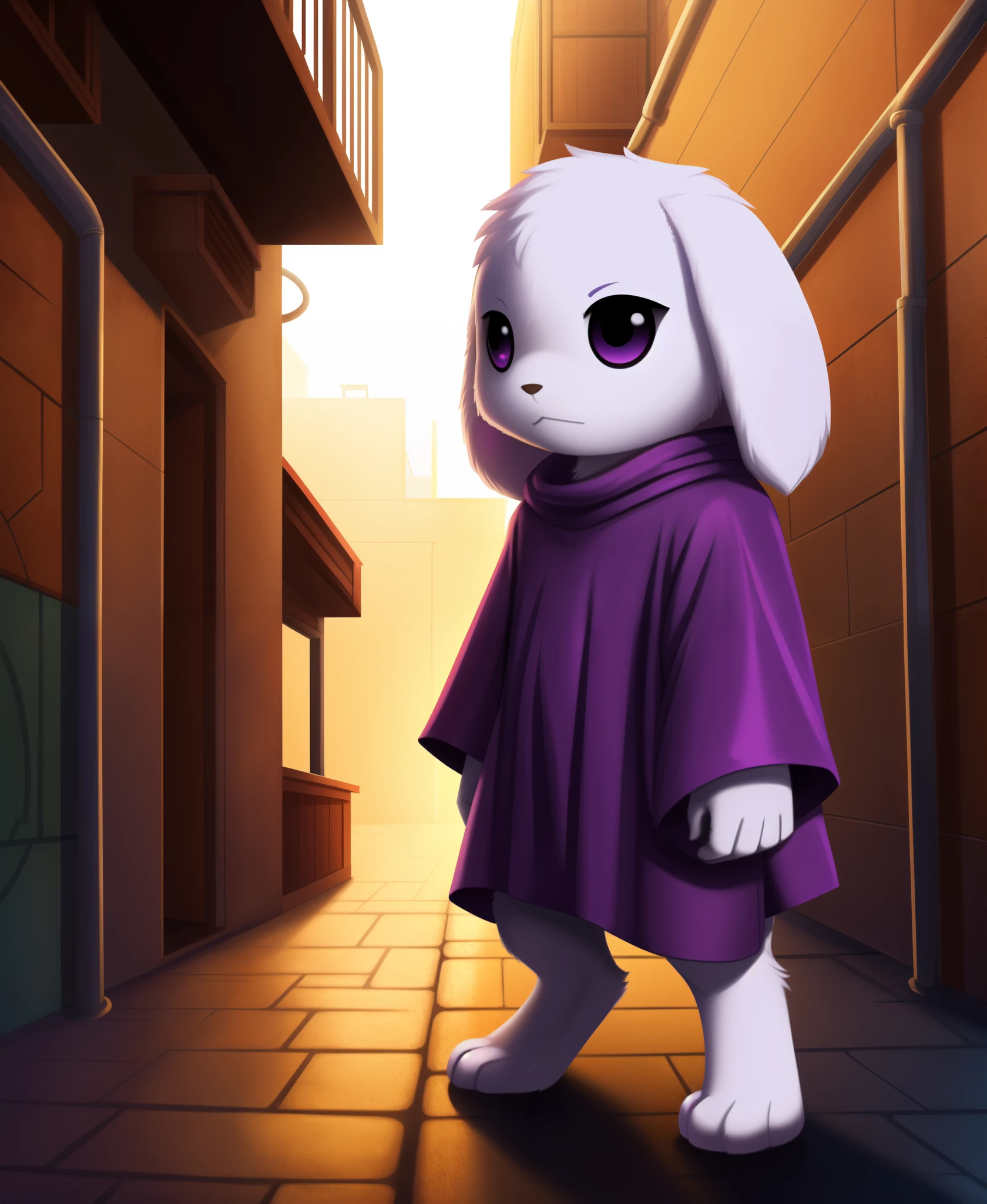 (master quality), (perfect anatomy), (king), (chibi mimiga duo), :<, fully body, digitigrade, purple robe, modern alley, dramatic pose, dramatic lighting, white fur, fluffy fur, (black/big/oval eyes), fluffy tail, solo/alone, sole focus