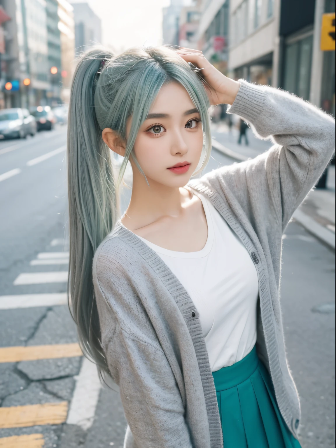 tmasterpiece , Best quality,Nahida(genshin impact) ,1 busty girl , Small under the chest,Long gray hair ,side ponytails, hair adornments , White hair , Green hair , Place your hands behind your head:1.5,Blue hair, tiny faeries , pointy ears , 校服 , a skirt ,Cardigan shirt,Way , the street,looking at viewert,
