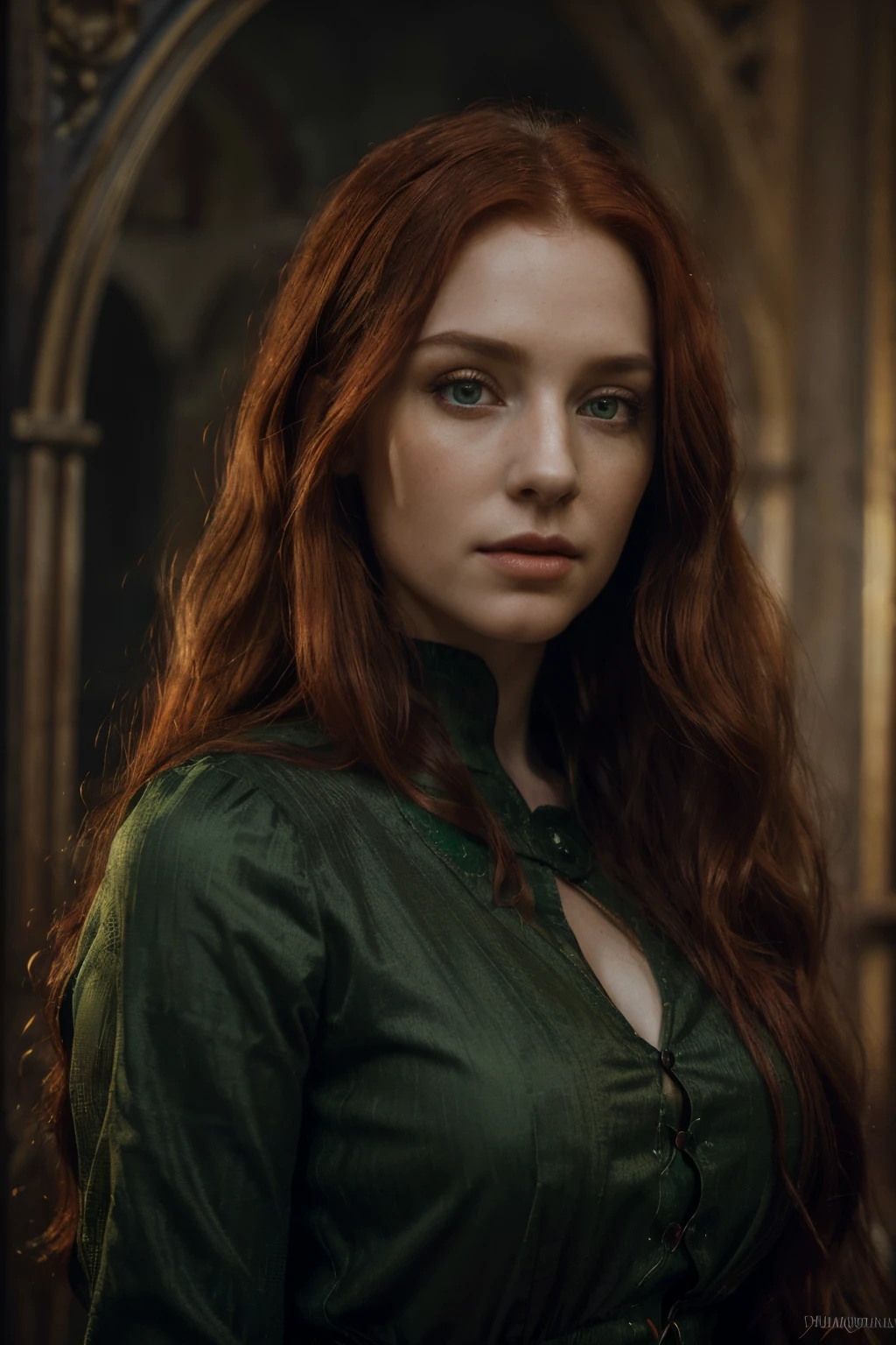 (best quality,4k,8k,highres,masterpiece:1.2),ultra-detailed,(realistic,photorealistic,photo-realistic:1.37),a beautiful Irish lady with flowing red hair,woman with long flowing red hair and green medieval dress,detailed eyes and lips,a mesmerizing vampire lady,medieval vampire queen,portraits,dark and dramatic lighting,rich and vibrant colors