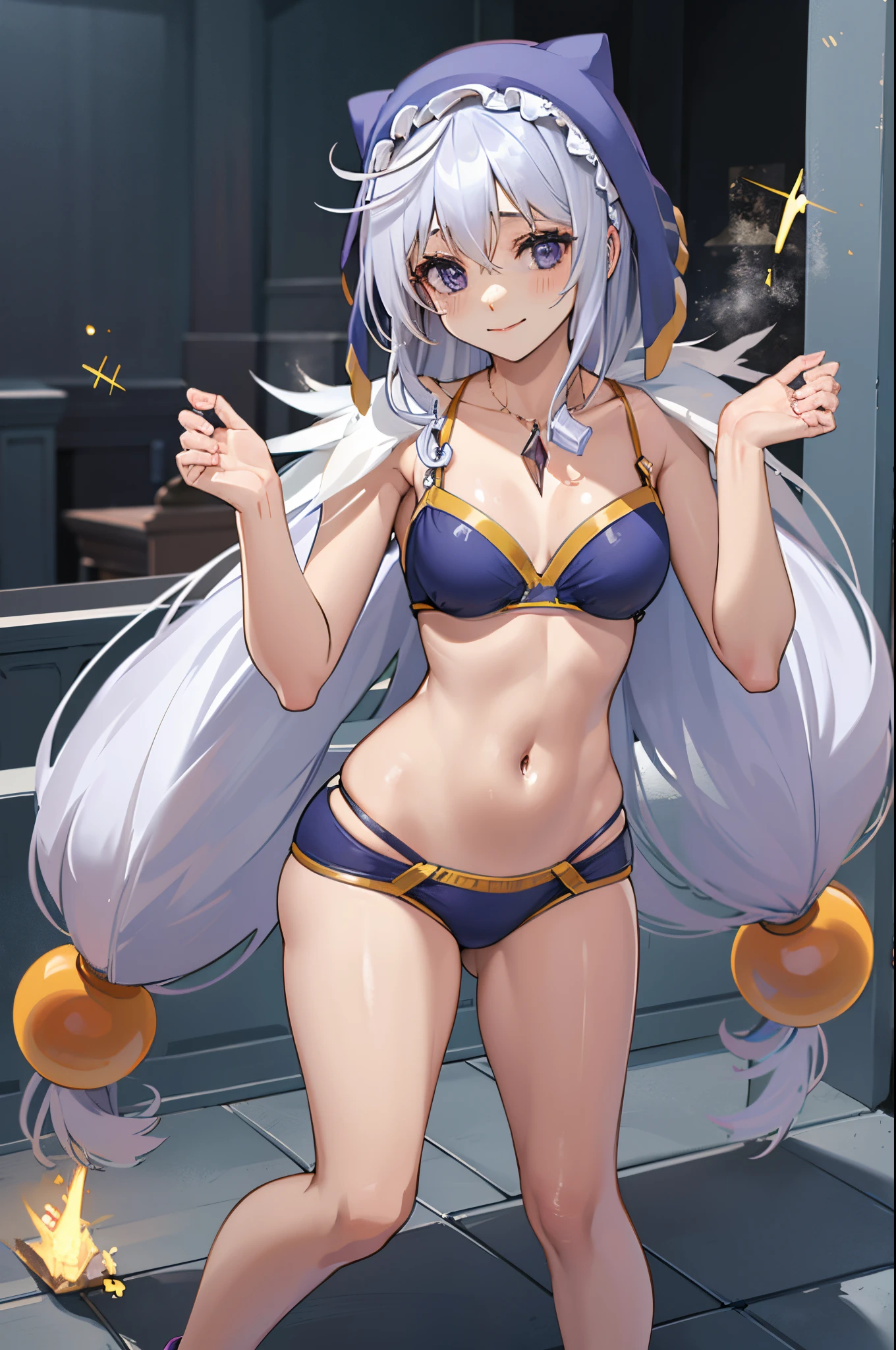 Eris Konosuba、cabelos roxos、24 anos、Cabelo longo、a praia、qualidade superior, bikini roxo、hidden hand、Navel Ejection、Teats、hands hidden