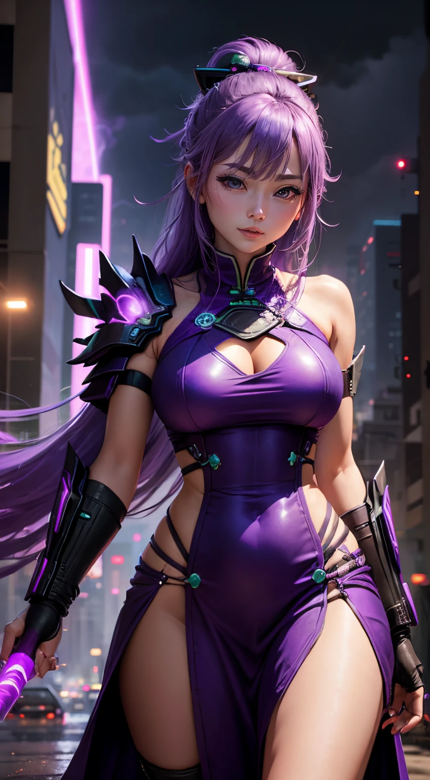 raging purple lightning　City of the Future　cyberpunked　Cyber City　Cyber neon slums with bright lights　The goddess of destruction descends　Realistic Rain　Chinese Idol　28 year old　China Long Dress　Mature woman with a triumphant smile　Female ninja　lightsaber equipment　Purple hair　eye glass　​masterpiece