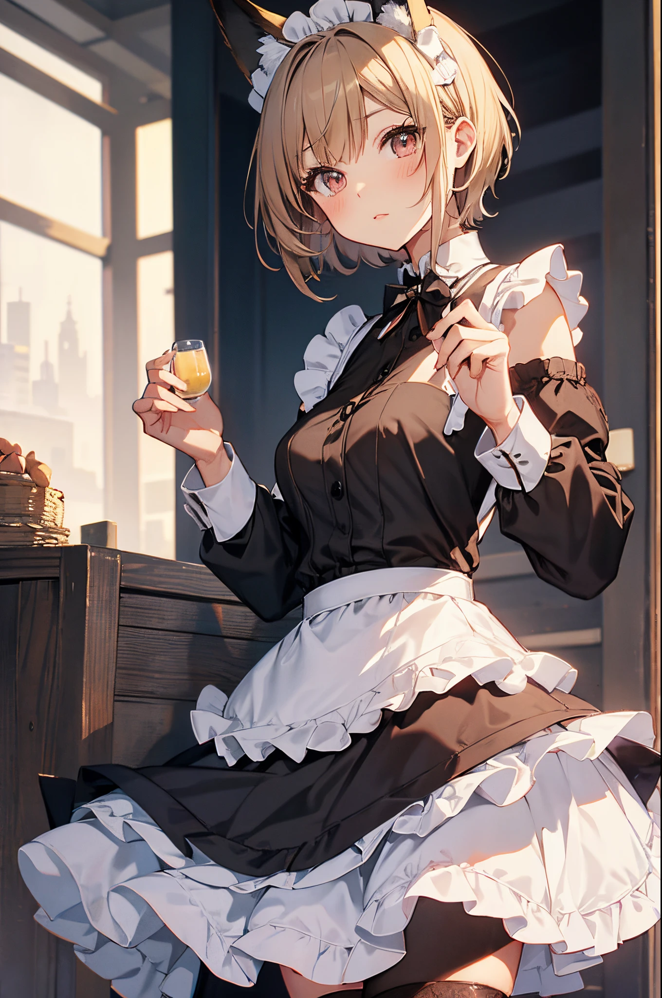 almond shaped eyes, maid, fox girl, short hair, cute, loli