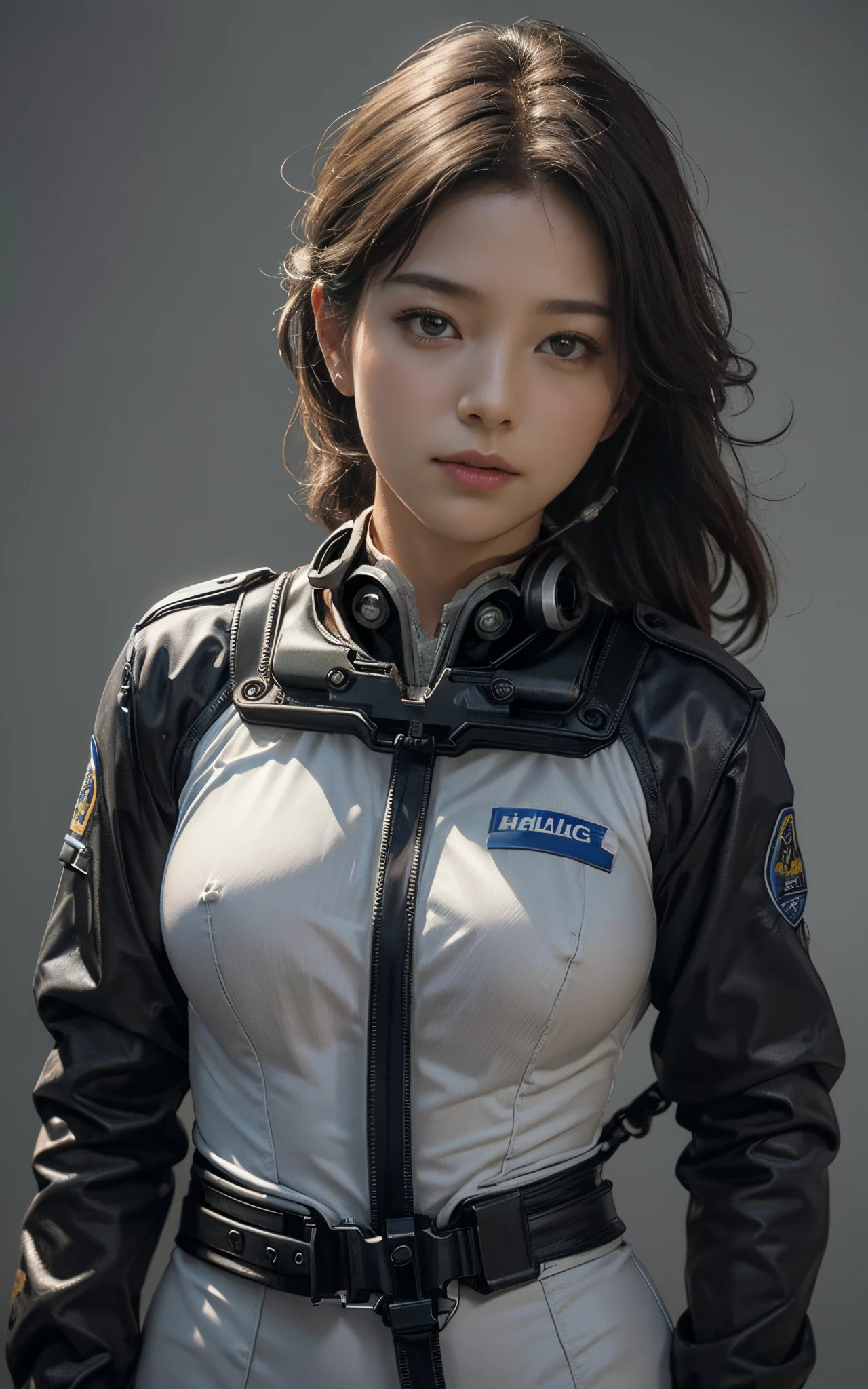 (best quality,ultra-detailed),(realistic,photorealistic:1.37), ultra-high resolution, (realism: 1.4), ((close up:0.75)), the best illustration, favor details, highly condensed 1lady, with beautiful and a delicate face, perfect proportion, (straight standing, small breasts, chubby:0.2), (wearing racing suit likes police uniform, black and gray mecha, wearing high-tech headset, military harness, granades, holding a machinegun), captain, background simple grey wall,