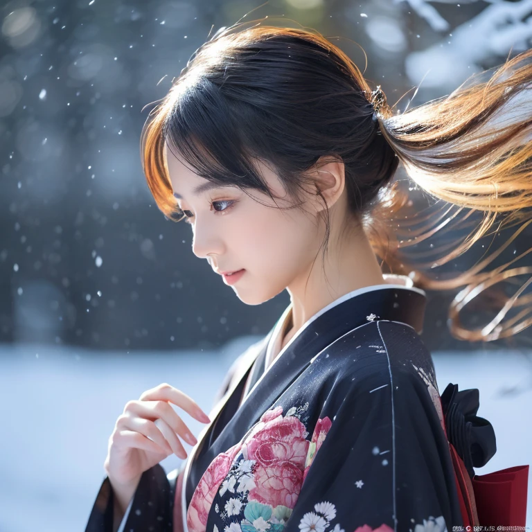 (Kimono)、、(top-quality,masterpiece:1.3,超A high resolution,),(ultra-detailliert,Caustics),(Photorealsitic:1.4,RAW shooting,)Ultra-realistic capture,A highly detailed,high-definition16Kfor human skin、 Skin texture is natural、、The skin looks healthy with an even tone、 Use natural light and color,One Woman,japanes,,kawaii,A dark-haired,(depth of fields、chromatic abberation、、Wide range of lighting、Natural Shading、)、、(Falling snow:1.2)、(Hair swaying in the wind:1.2)、(Snow reflects light:1.2)、Back lighting(Silky hair that reaches down to your waist)(Full body composition)Perfect and big eyes、美丽的面容