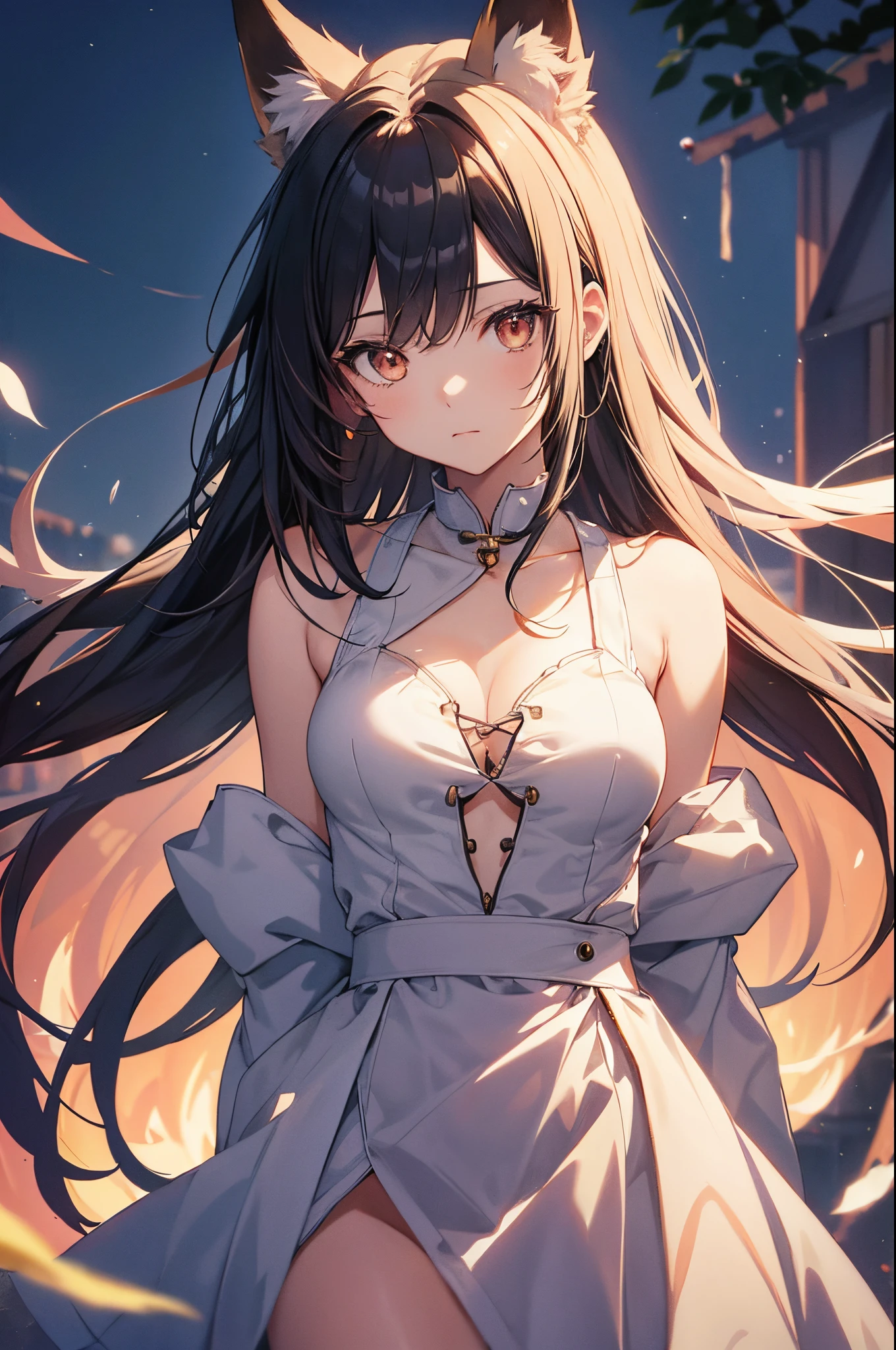 An anime portrait of a fox girl with almond-shaped eyes and black hair. The artwork should be of the best quality, with 4k or 8k resolution and high detailing. The fox girl should have realistic and photorealistic features enhanced by a factor of 1.37. The overall painting should have a soft and pastel color palette, creating a gentle and dreamy atmosphere. The lighting should be soft and subtle, enhancing the beauty of the character.