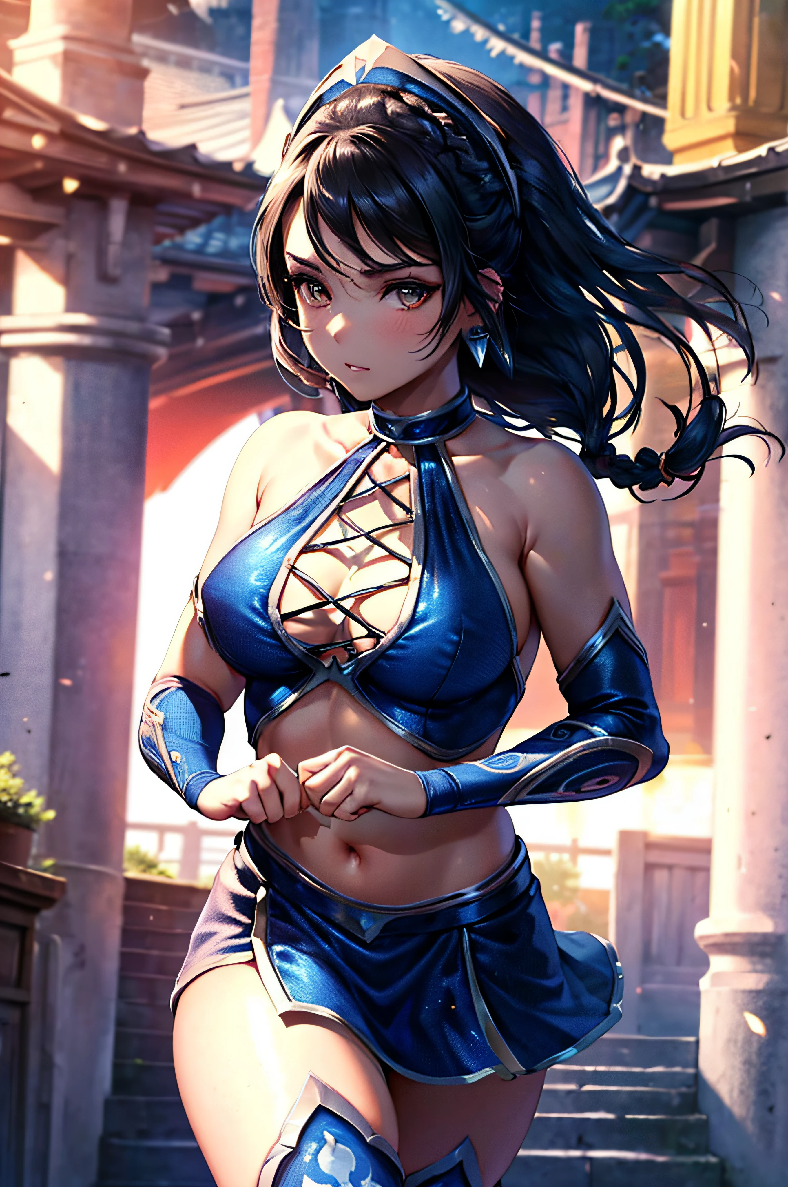 ((face portrait)), close up, upper body, (masterpiece), best quality, expressive eyes, perfect face, highres, (ultra details), 1 girl, solo, kitana, braid, thighhighs, hair ornament, eyeshadow, breasts, no mask, armor, shoulder armor, elbow gloves, standing, Buddhist temple background, looking at the viewer, from frontal