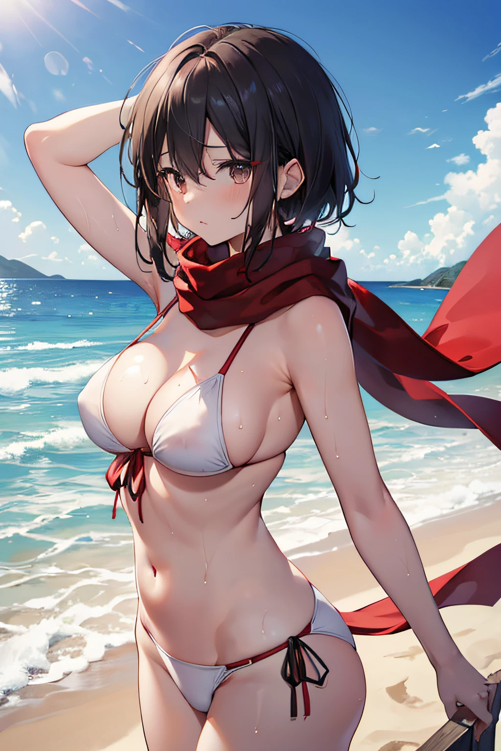 ((Masterpiece)), ((Best Quality)), 8K, high image quality, super detaill, Mikasa Ackerman, 1girl,solo,A red scarf is tied around the neck.,((large breasts)),(white bikini),(ass),Bare hands, (black eyes), bright eyes,(high quality eyes),beach background,navel,((mature)),((wet body)),((shameful expression)),(rosy cheeks)