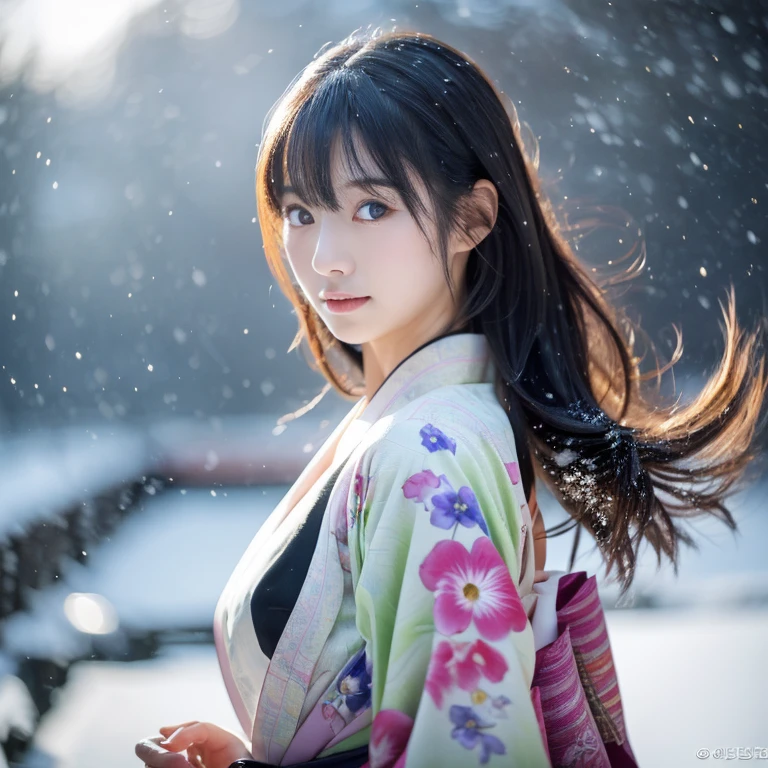 (Thin kimono)、、(top-quality,masterpiece:1.3,超A high resolution,),(ultra-detailliert,Caustics),(Photorealsitic:1.4,RAW shooting,)Ultra-realistic capture,A highly detailed,high-definition16Kfor human skin、 Skin texture is natural、、The skin looks healthy with an even tone、 Use natural light and color,One Woman,japanes,,kawaii,A dark-haired,(depth of fields、chromatic abberation、、Wide range of lighting、Natural Shading、)、、(Falling snow:1.2)、(Hair swaying in the wind:1.2)、(Snow reflects light:1.2)、Back lighting(Smooth hair that reaches down to your waist)(Full body composition)Perfect and big eyes、美丽的面容
