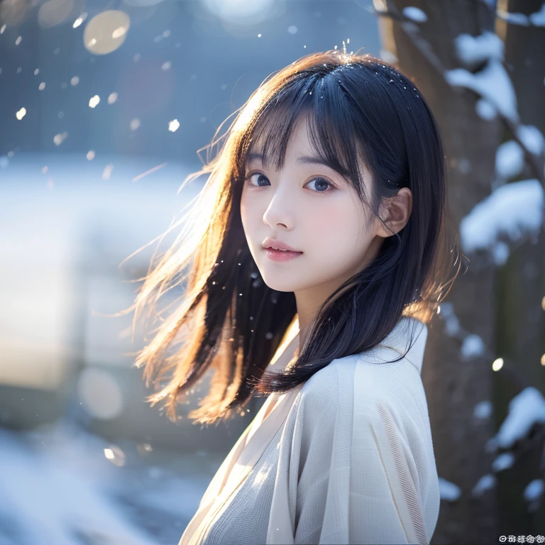 (Thin kimono)、、(top-quality,masterpiece:1.3,超A high resolution,),(ultra-detailliert,Caustics),(Photorealsitic:1.4,RAW shooting,)Ultra-realistic capture,A highly detailed,high-definition16Kfor human skin、 Skin texture is natural、、The skin looks healthy with an even tone、 Use natural light and color,One Woman,japanes,,kawaii,A dark-haired,(depth of fields、chromatic abberation、、Wide range of lighting、Natural Shading、)、、(Falling snow:1.2)、(Hair swaying in the wind:1.2)、(Snow reflects light:1.2)、Back lighting(Smooth hair that reaches down to your waist)(Full body composition)Perfect and big eyes、美丽的面容