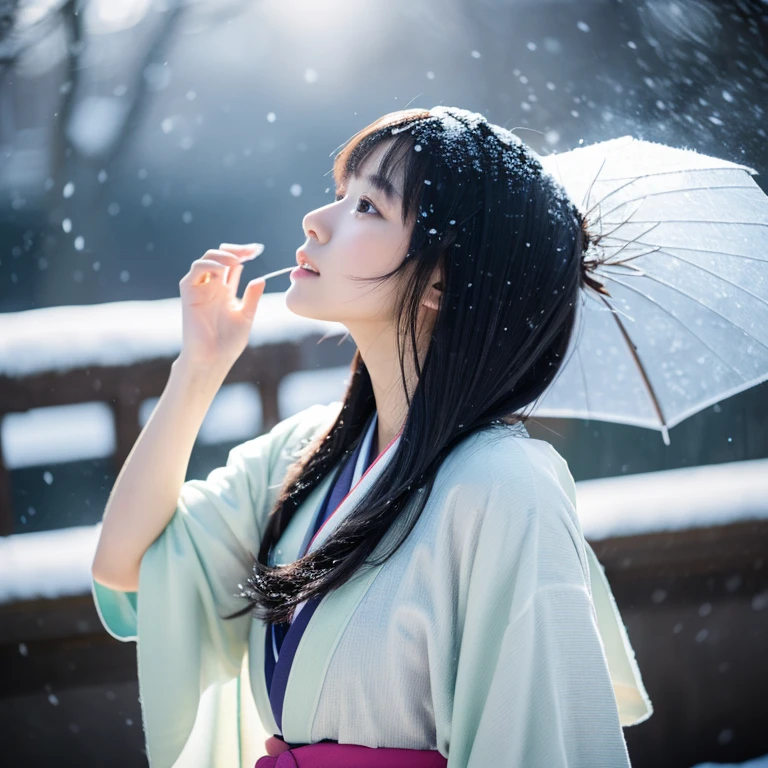 (Thin kimono)、、(top-quality,masterpiece:1.3,超A high resolution,),(ultra-detailliert,Caustics),(Photorealsitic:1.4,RAW shooting,)Ultra-realistic capture,A highly detailed,high-definition16Kfor human skin、 Skin texture is natural、、The skin looks healthy with an even tone、 Use natural light and color,One Woman,japanes,,kawaii,A dark-haired,(depth of fields、chromatic abberation、、Wide range of lighting、Natural Shading、)、、(Falling snow:1.2)、(Hair swaying in the wind:1.2)、(Snow reflects light:1.2)、Back lighting(Smooth hair that reaches down to your waist)(Full body composition)Perfect and big eyes、美丽的面容