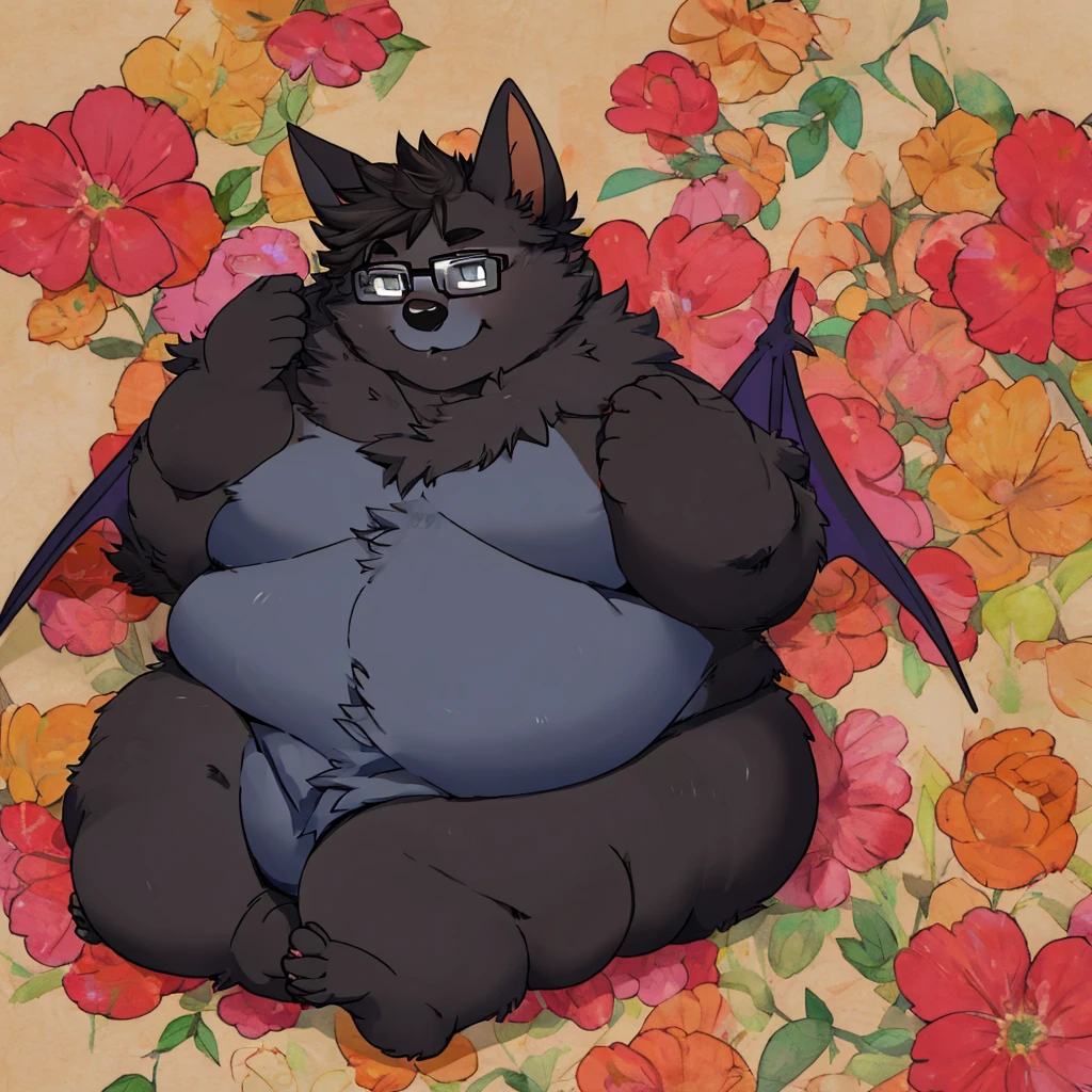 solo, male bat,black fur, grey eyes, messy hair, wearing glasses, extremely fat cheeks, obese,fatrolls,fattening, soft