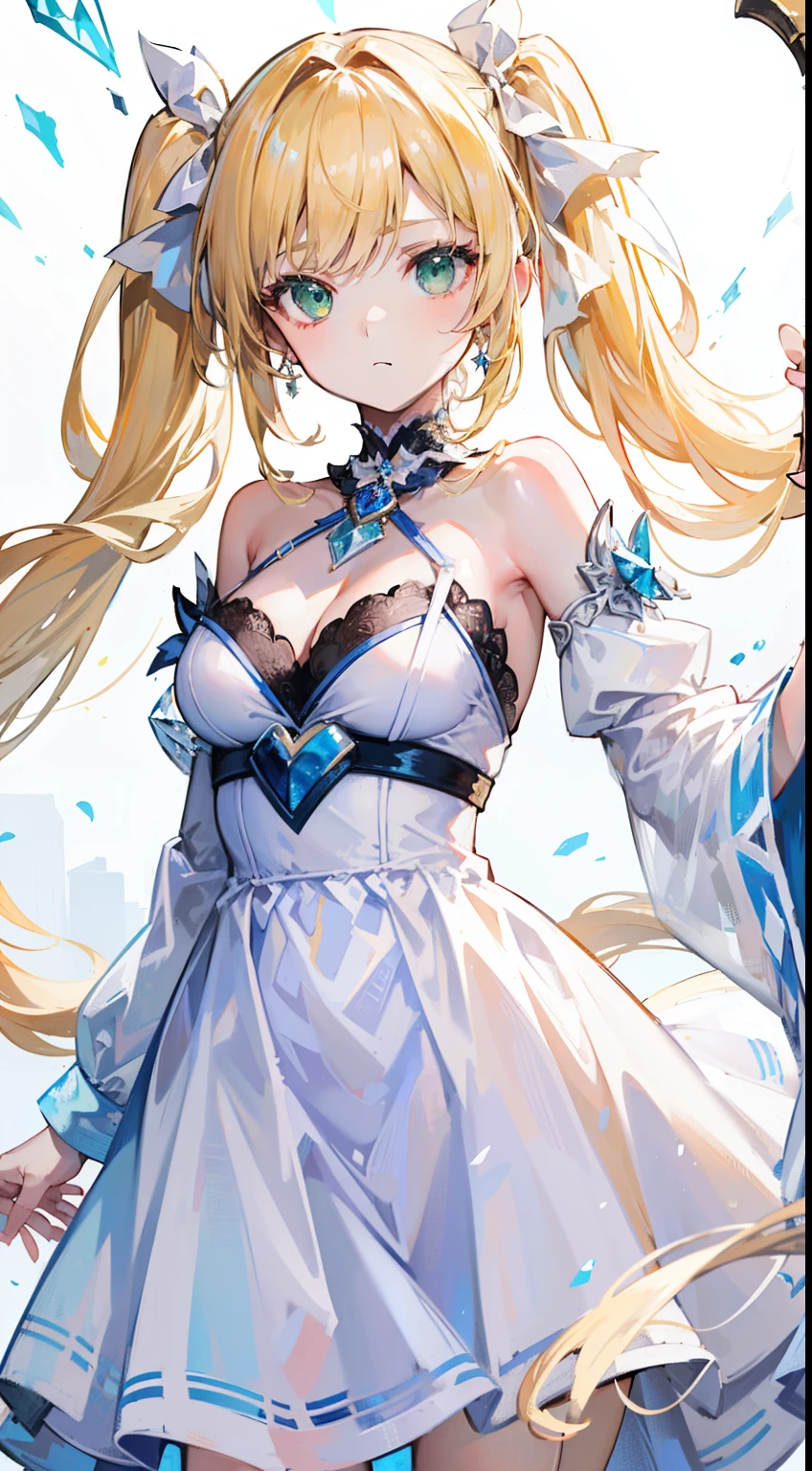(top-quality、masterpiece、high-level image quality、Super delicate)、((a beauty girl))、(Blonde white ribbon twintails、Long bangs)、(Green eyes)、a choker、breasts of medium size,、(pure white dress like a prince)、(Ice Magic)、Ice Wand、cool expression、Sorcerer