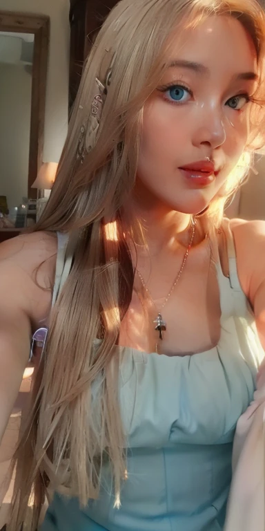 a close up of a woman with long straight blonde hair and naked thin size b boobs, perfect butt size 32 - 24 -32 5ft 7inblue eyes
