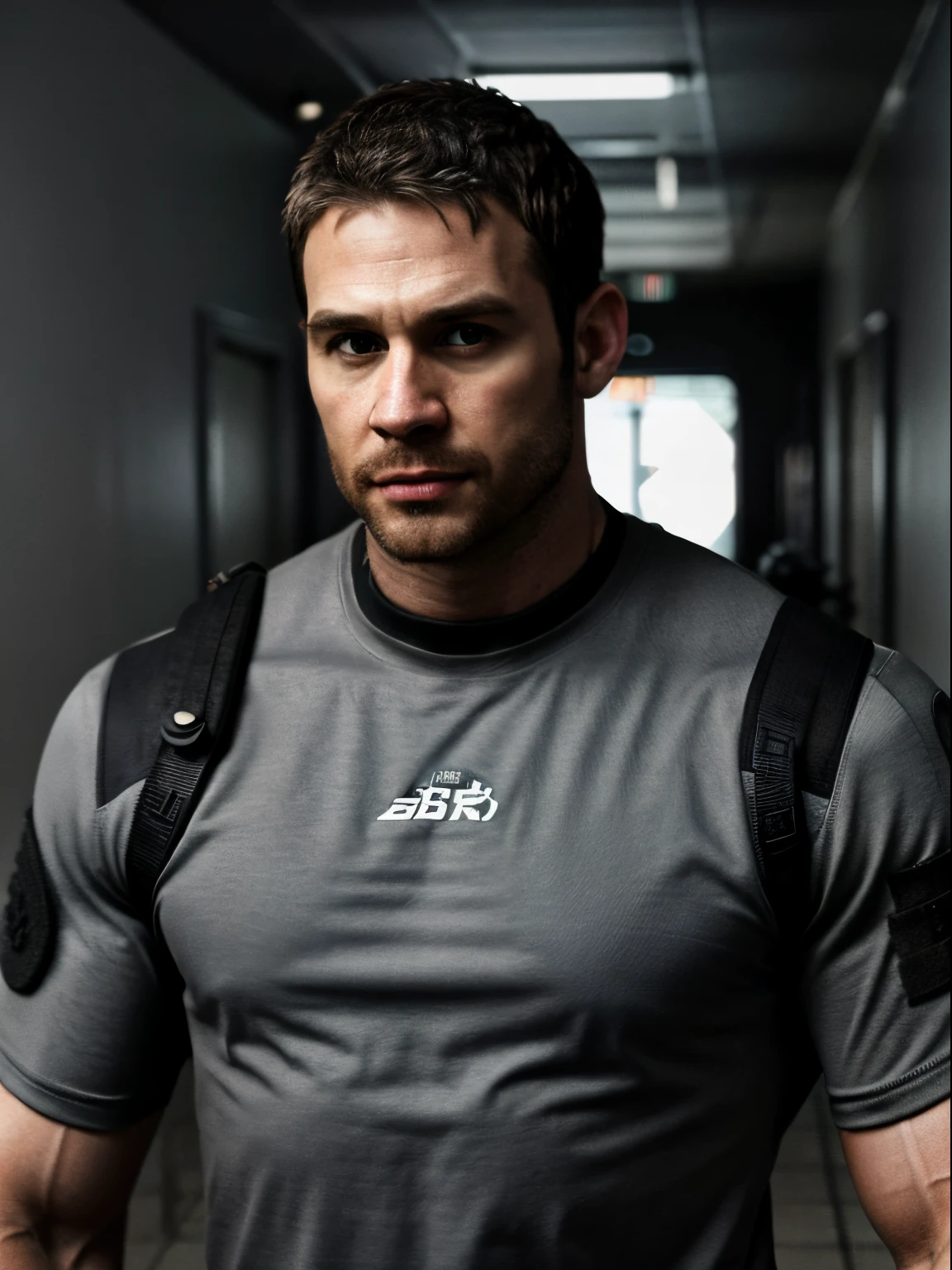 1 man, solo, 35 year old, Chris Redfield, wearing grey T shirt, smirks, black color on the shoulder and a bsaa logo on the shoulder, millitary tactical suit, tall and hunk, biceps, abs, chest, best quality, masterpiece, high resolution:1.2, upper body shot, dark black gloomy hallway in the background, detailed face, volumetric lighting, center focus, low camera angle