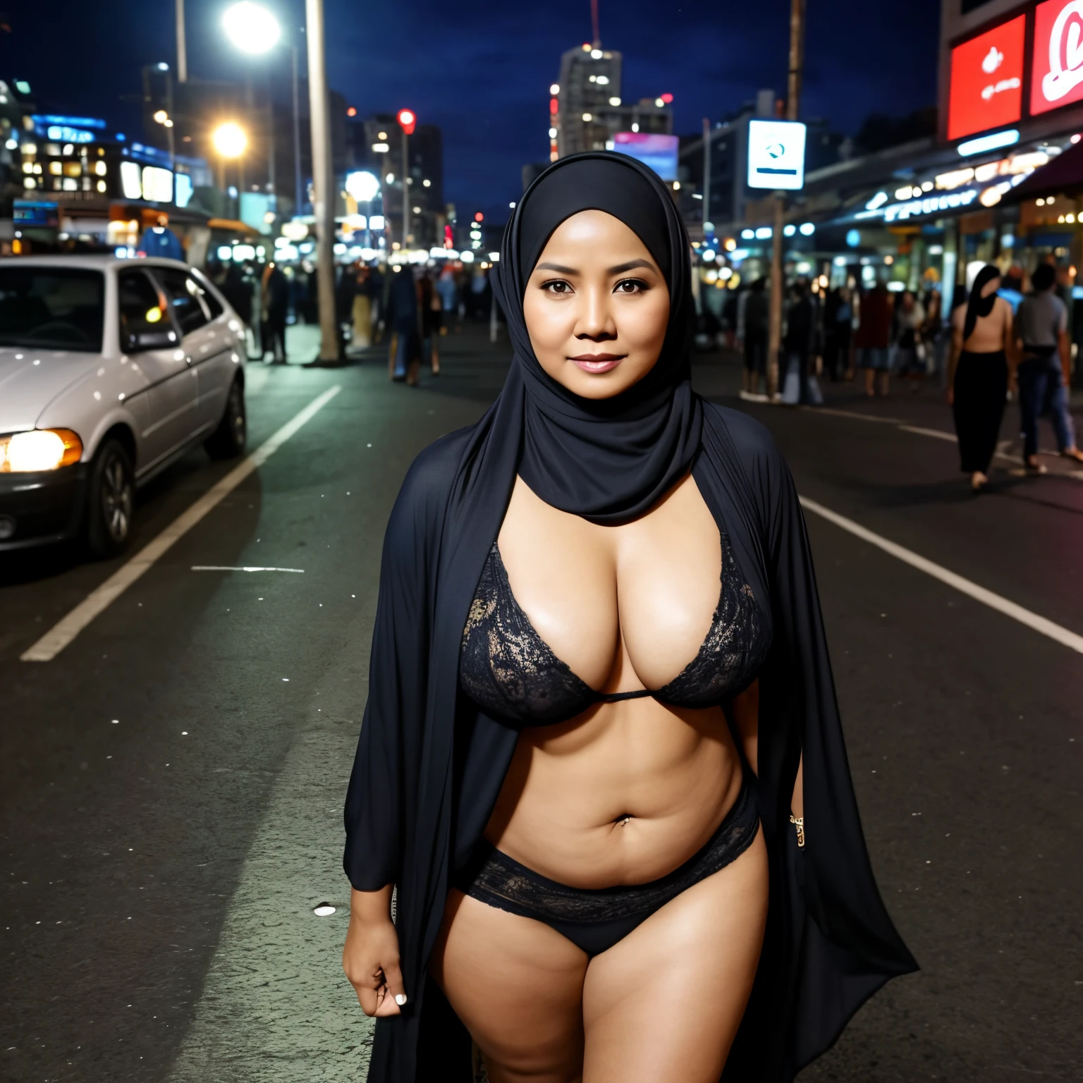 50 years Old, Hijab Indonesian mature woman, Big Tits : 32.6, naked, curvy body, at City Street, at Nighttime, Midnight