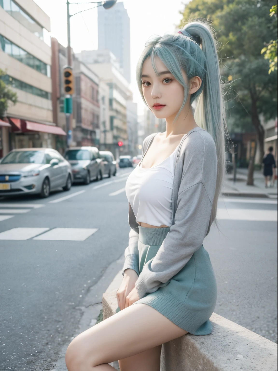 tmasterpiece , Best quality,Nahida(genshin impact) ,1 plump girl , Small under breasts,Long gray hair ,side ponytails, hair adornments , White hair , Green hair , Blue hair, fairies , pointy ears , 校服 , a skirt ,Cardigan shirt,MANNER , the street,looking at viewert，Expose long legs