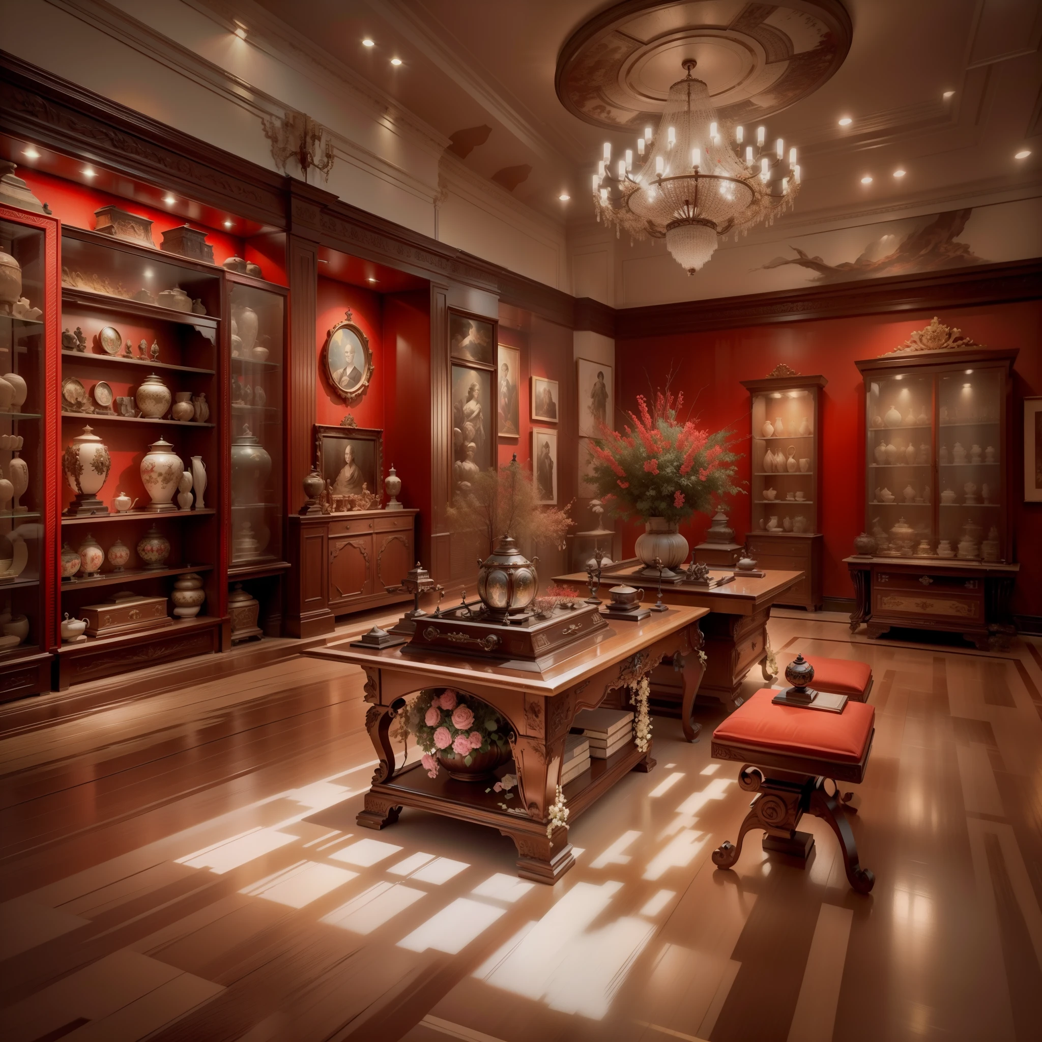 High-detail RAW color photography, (Best quality at best, (highdetailskin:1.2), 8K UHD, Digital SLR, ), RAW photo, Museum interior design, Military Museum,(red soviet theme:1.4),A super space museum,Red tone,A museum with a story,wall display cabinet,Weapon display,book display,Elegant LED and chandelier lighting, Emphasis on the richness of the Red Soviet theme style, Historical prints on the wall,Intricate details on the walls, Magnificent atmosphere, And the overall gorgeous atmosphere of the space. Create an image that exudes luxury, Comfort, Perfect harmony of elements, Make it an outstanding representative of the museum,(The is very detailed, hyper-detailing, entangled), (Lens glare: 0,7), (full bloom: 0,7), particle effect, Ray traching, 电影灯光, shallowdepthoffield, Shot with Sony a9 II, 50mm wide angle lens, Sharp focus