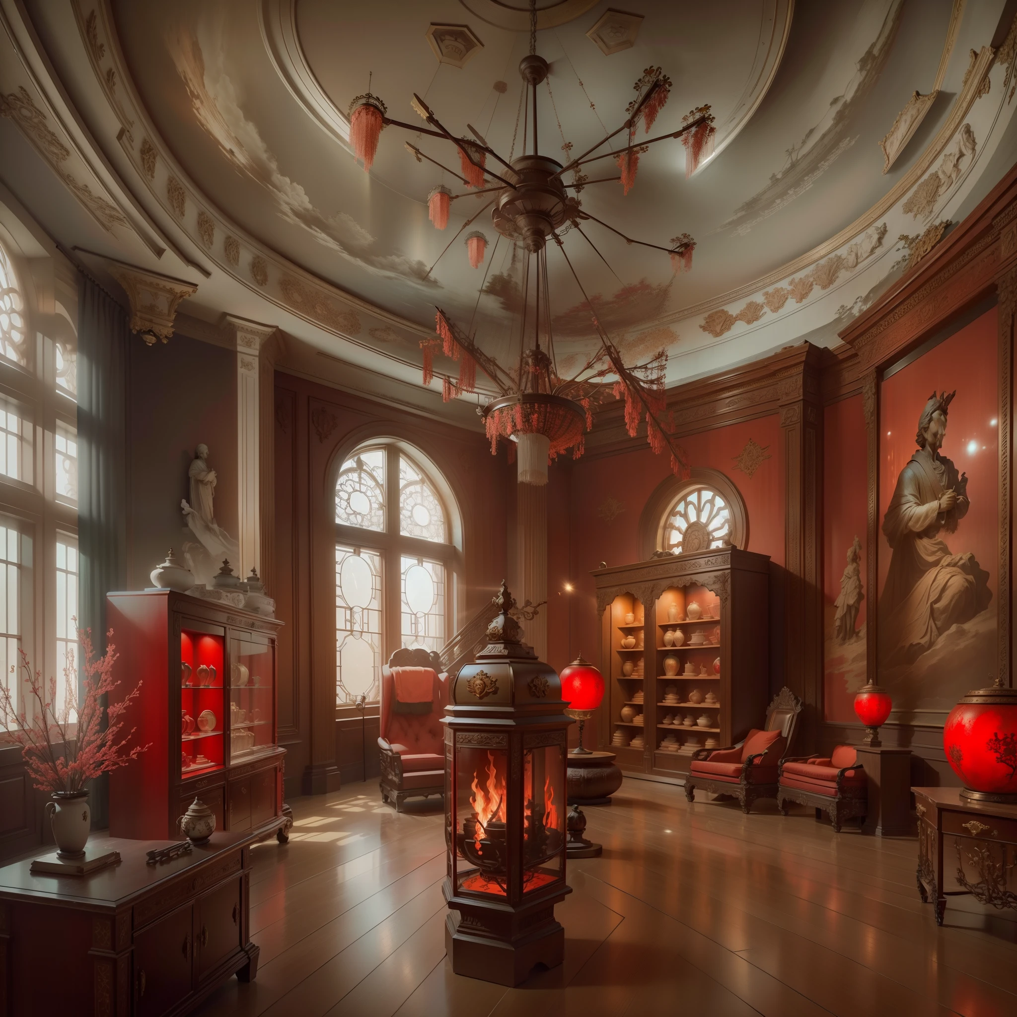 High-detail RAW color photography, (Best quality at best, (highdetailskin:1.2), 8K  UHD, Digital SLR, ), RAW photo, Museum interior design​, Military Museum，（red soviet theme：1.4），A super space museum，Red tone，A museum with a story，wall display cabinet，Weapon display，book display，Elegant LED and chandelier lighting,  Emphasis on the richness of the Red Soviet theme style, Historical prints on the wall，Intricate details on the walls, Magnificent atmosphere, And the overall gorgeous atmosphere of the space. Create an image that exudes luxury, Comfort, Perfect harmony of elements, Make it an outstanding representative of the museum，(The is very detailed, hyper-detailing, entangled), (Lens glare: 0,7), (full bloom: 0,7), particle effect, Ray traching, 电影灯光, shallowdepthoffield, Shot with Sony a9 II, 50mm wide angle lens, Sharp focus