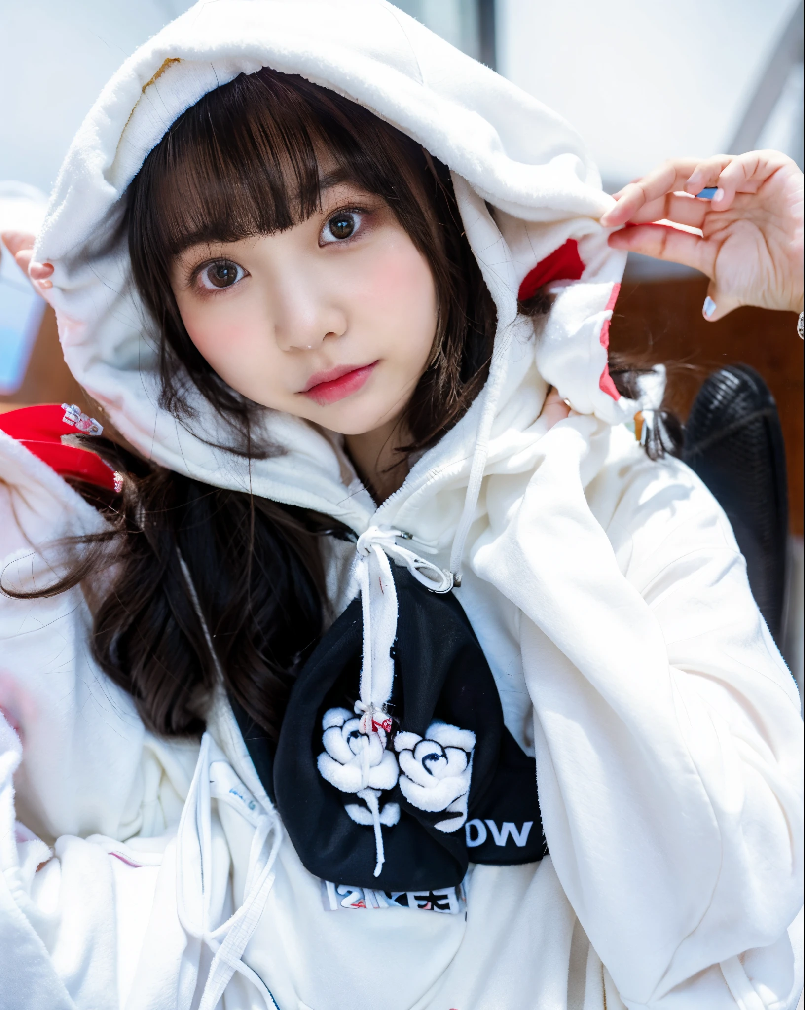 Asian girl Arafed in white hoodie posing for photo, ulzzangs, cute kawaii girl, girl wearing hoodie, wan adorable korean face, guweiz, ruan cute vtuber, kawaii realistic portrait, e-Girl, e - girl, very beautiful cute catgirl, sakimichan, Larisa Manobal, uwu