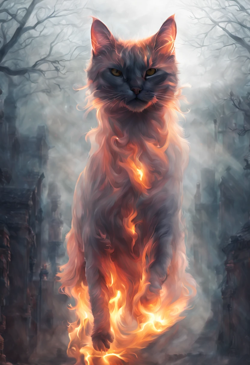 (((transparent fiery ghost cat with an angry fiery face))) , clean air, I'I'm standing in the castle hall, moon light ,Mysterious atmosphere, Phantom Lights, Magic in the air,Fairytale setting,Unearthly beauty,Magic in the air,Serene and peaceful atmosphere,A hint of fog in the distance,amazing quality,endless photorealistic details