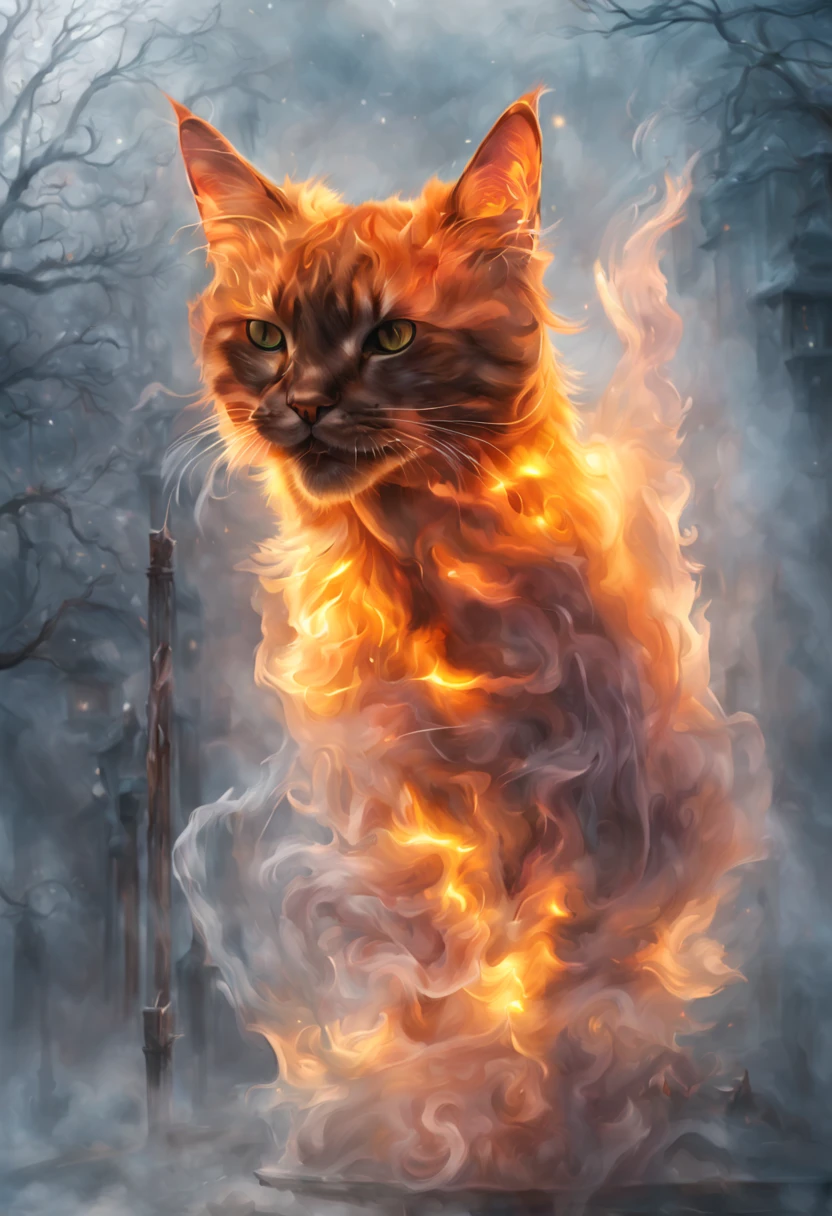 (((transparent fiery ghost cat with an angry fiery face))) , clean air, I'I'm standing in the castle hall, moon light ,Mysterious atmosphere, Phantom Lights, Magic in the air,Fairytale setting,Unearthly beauty,Magic in the air,Serene and peaceful atmosphere,A hint of fog in the distance,amazing quality,endless photorealistic details