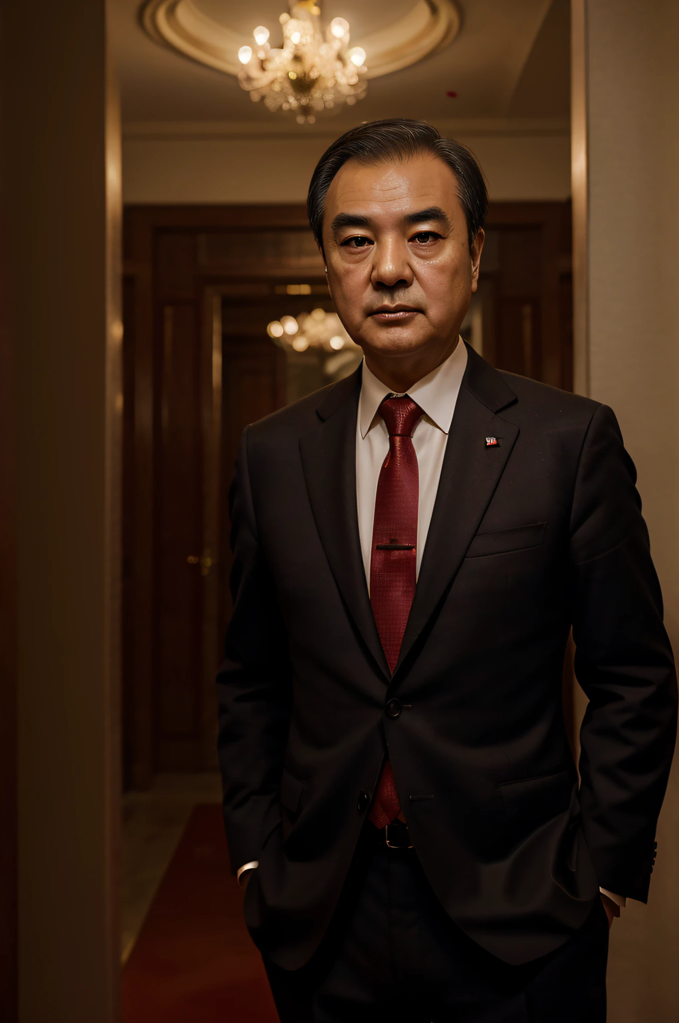 Wang Yi, chinese foreign minister, wearing a suit, dark red tie, beautiful lighting, best quality, realistic, full-length portrait, realistic image, intricate details, depth of field. highly detailed