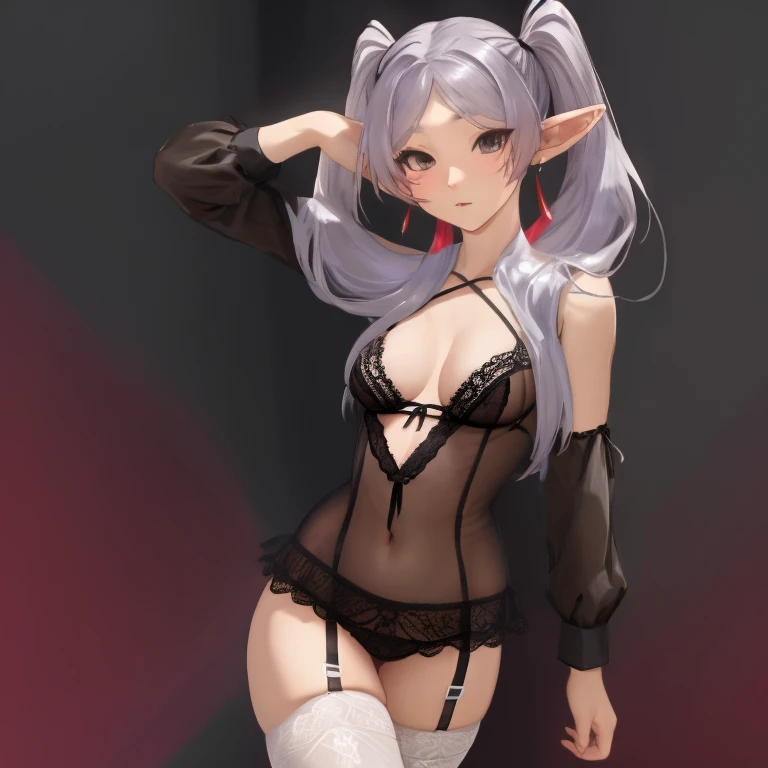 Frieren, twintails, earrings, thighs, small tits, lingerie,