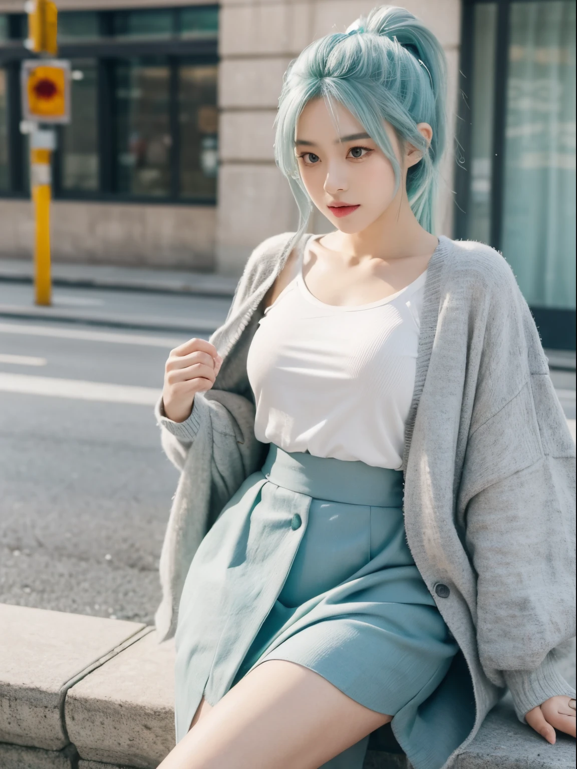 tmasterpiece , Best quality at best,Nahida(genshin impact) ,1 plump girl , Small under breasts,Long gray hair ,side ponytails, hair adornments , White hair , Green hair , Blue hair, fairies , pointy ears , 校服 , a skirt ,Cardigan shirt,MANNER , the street,looking at viewert,Expose long legs