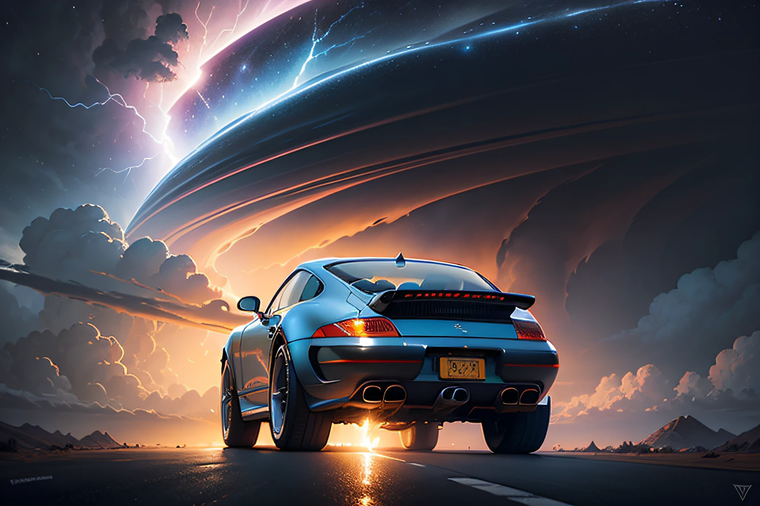 a car (Porche 911) on the highway driving towards a distant storm in a strange landscape, digital art inspired space art, beeple and tim hildebrandt, and greg rutkowski painting of a large cloud with a tornado swirl coming out of it, a surrealist painting by Michael Sutfin, , android jones and rhads, cloud vortex, thick swirling tornado, surrealistic painting, surrealist landscape painting, thunder clouds modernism,, jacek yerka and vladimir kush, surreal painting, lightning , star field sky / lightning / rear view of car