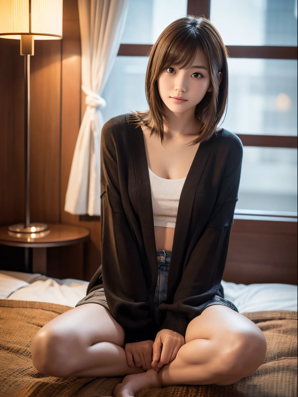 Best Quality, masutepiece, 超A high resolution, (Photorealistic:1.4), Raw photo
,(((Spread your legs, Sit with your knees bent.Panchira)))),Full body shot,(A detailed face),　(19-year-old Japan beautiful girl)、(real  face),1womanl,Brown hair,Medium Hair,Asymmetrical hair,asymmetrical bangs, slender,Cinematic lighting,luxury hotel room、