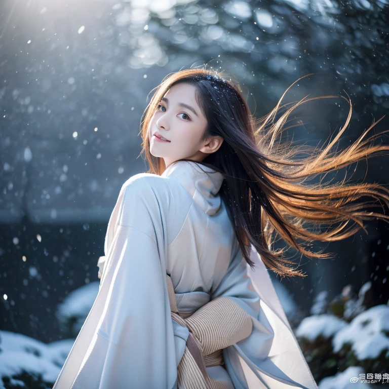(Thin kimono)、、(top-quality,​masterpiece:1.3,超A high resolution,),(ultra-detailliert,Caustics),(Photorealsitic:1.4,RAW shooting,)Ultra-realistic capture,A highly detailed,high-resolution32Kfor human skin、 Skin texture is natural、、The skin looks healthy with an even tone、 Use natural light and color,One Woman,japanes,,kawaii,A dark-haired,(depth of fields、chromatic abberation、、Wide range of lighting、Natural Shading、)、、(Falling snow:1.2)、(Hair swaying in the wind:1.2)、(Snow reflects light:1.2)、（Back lighting）（Longhaire）（Full body composition）Perfect and beautiful face with droopy eyes
