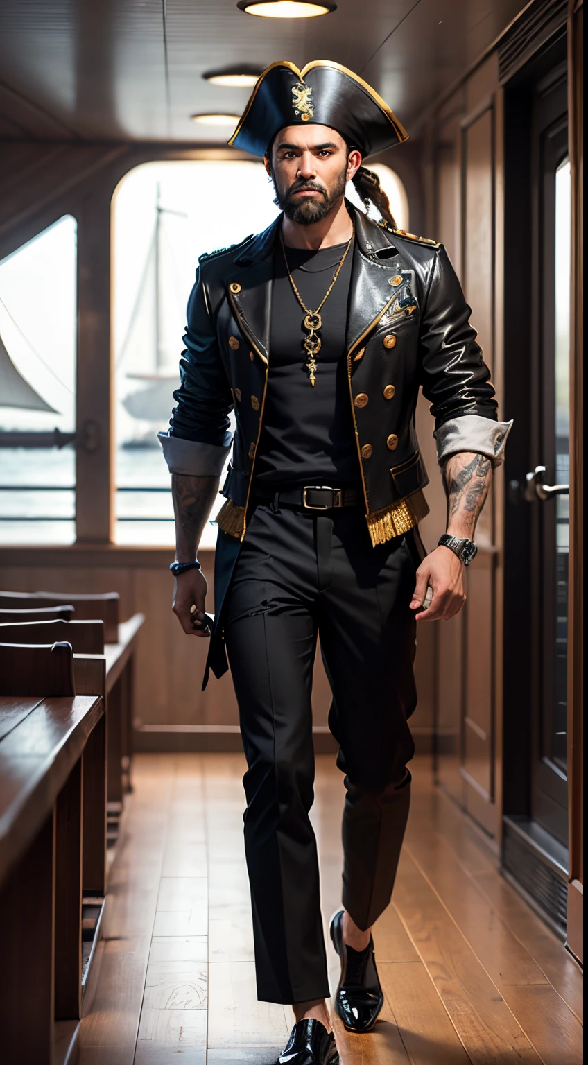 black bearded pirate, stylish black outfit, bottom ship