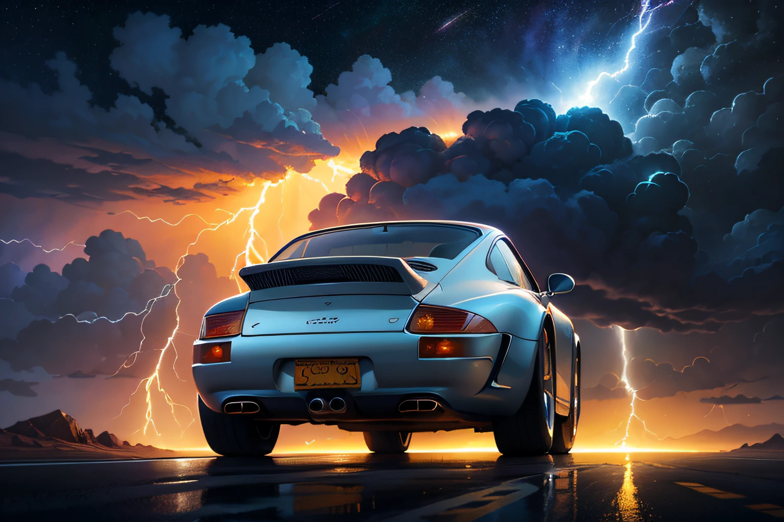 a car (Porche 911) on the highway driving towards a distant storm in a strange landscape, digital art inspired  space art, beeple and tim hildebrandt, and greg rutkowski painting of a large cloud with a tornado swirl coming out of it, a surrealist painting by Michael Sutfin, , android jones and rhads, cloud vortex, thick swirling tornado, surrealistic painting, surrealist landscape painting, thunder clouds modernism,, jacek yerka and vladimir kush, surreal painting, lightning , star field sky / lightning / rear view of car