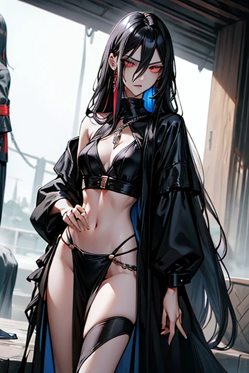 (((long strands of hair in front of face, hair strands between eyes))) (best quality, masterpiece, colorful, dynamic angle, highest detailed) (official art, extreme detailed, highest detailed) (long straight black hair, hair covering face, pale skin, dark makeup, red eyes that do not glow) serious expression, angry eyes, furrowed brow, extremely long straight dark hair, small , tired eyes, wearing pelvic curtain, black clothes, chains, bracelets all over arms, hair in front of face, (((very slender body, petite))), haughty expression, bored, revealing clothing, chain mail bikini, visible thong straps, very long hair, hair in front of face, , face covered by hair, hair between eyes, holding katana,