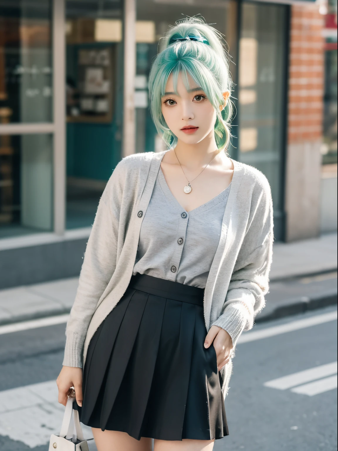 tmasterpiece , Best quality,Nahida(genshin impact) ,1 plump girl , Small under breasts,Long gray hair ,side ponytails, hair adornments , White hair , Green hair , Blue hair, fairies , pointy ears , 校服 , a skirt ,Cardigan shirt,MANNER , the street,looking at viewert,Expose long legs