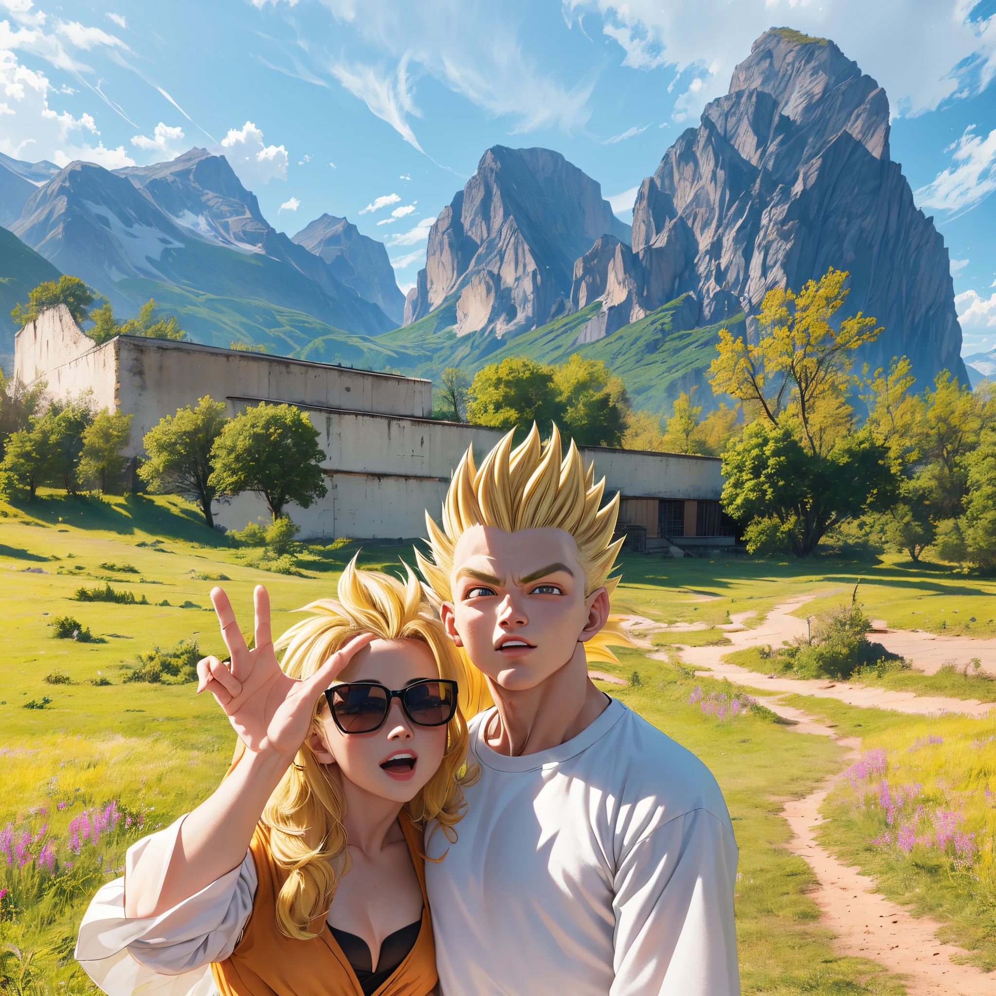 there are two people standing in a field with mountains in the background, HD, (Masterpiece), (Photo:1.3),High Quality, High Resolution, Smile, Perfect Lighting, Masterpiece, beautiful, ((SuperSaiyan)), cowboy shot, ((blonde hair:1.3)), super saiyan, (spiked hair),detailed face, detailed eyes,