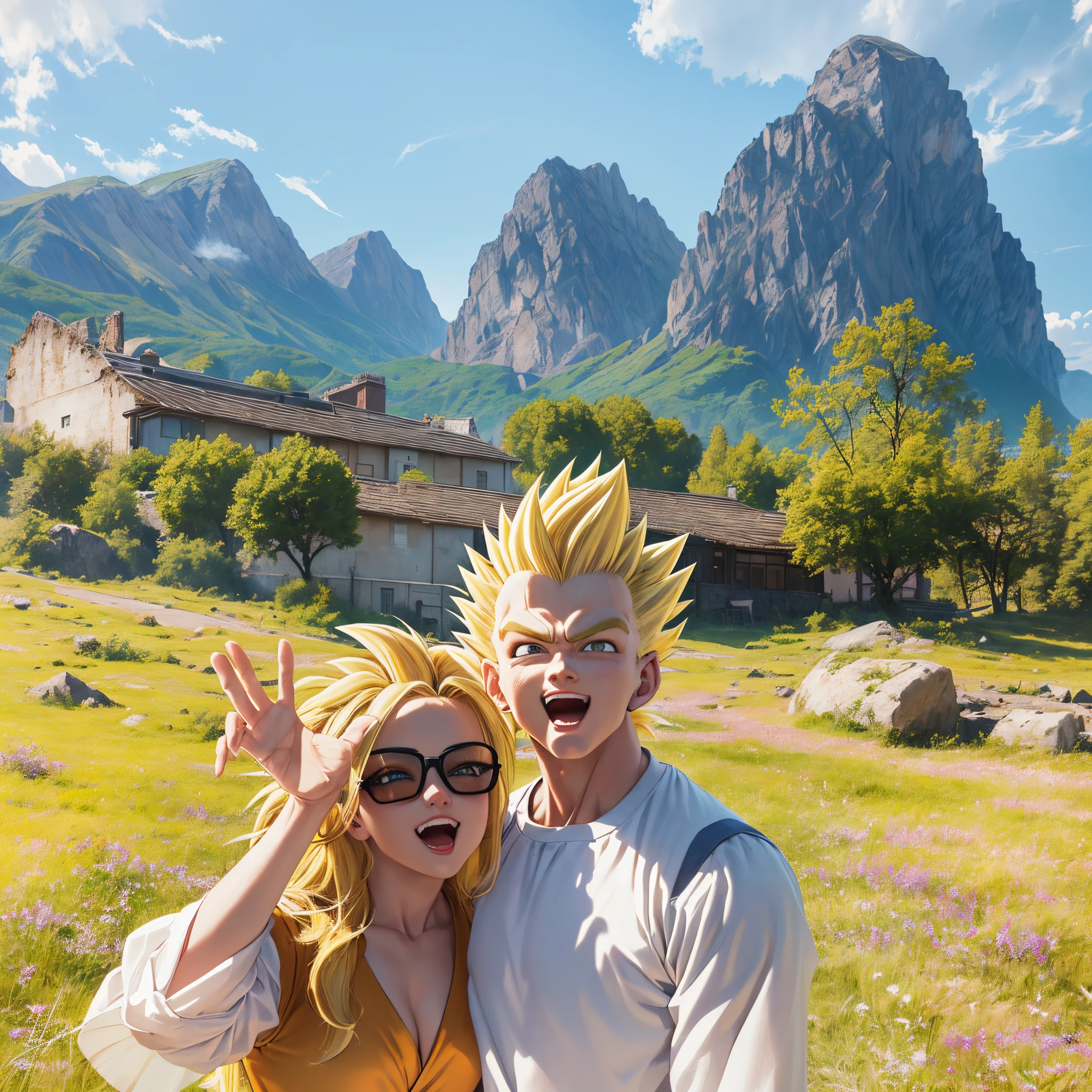 there are two people standing in a field with mountains in the background, HD, (Masterpiece), (Photo:1.3),High Quality, High Resolution, Smile, Perfect Lighting, Masterpiece, beautiful, ((SuperSaiyan)), cowboy shot, ((blonde hair:1.3)), super saiyan, (spiked hair),detailed face, detailed eyes,