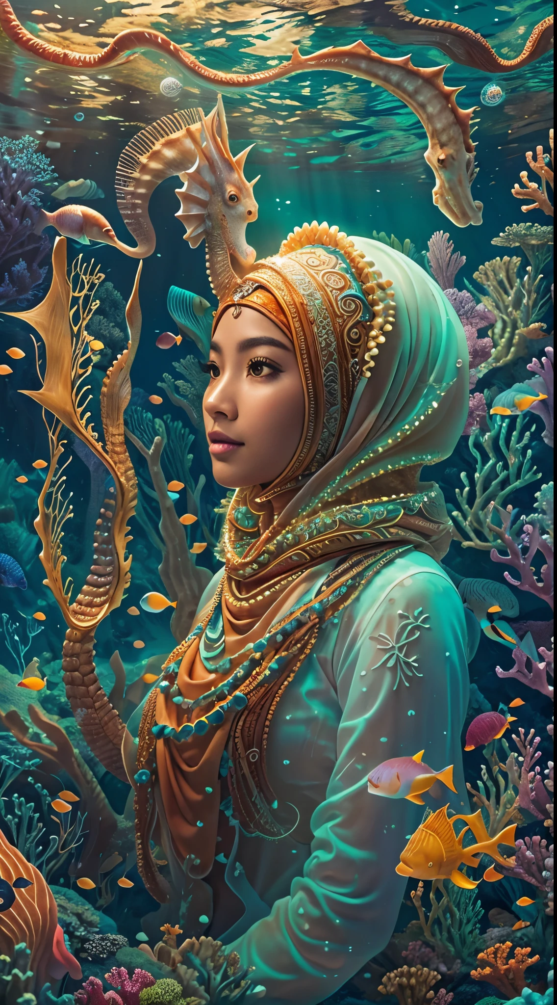 Craft a surreal underwater scene with a Malay girl in hijab riding a majestic seahorse through a magical coral reef. Illuminate the underwater world with a soft, ethereal glow, and incorporate mythical sea creatures around them. Create a sense of wonder and fantasy, emphasizing the harmony between the girl, the seahorse, and the enchanting marine environment. Use vibrant colors, dreamlike lighting, and intricate details to bring this underwater fantasy to life