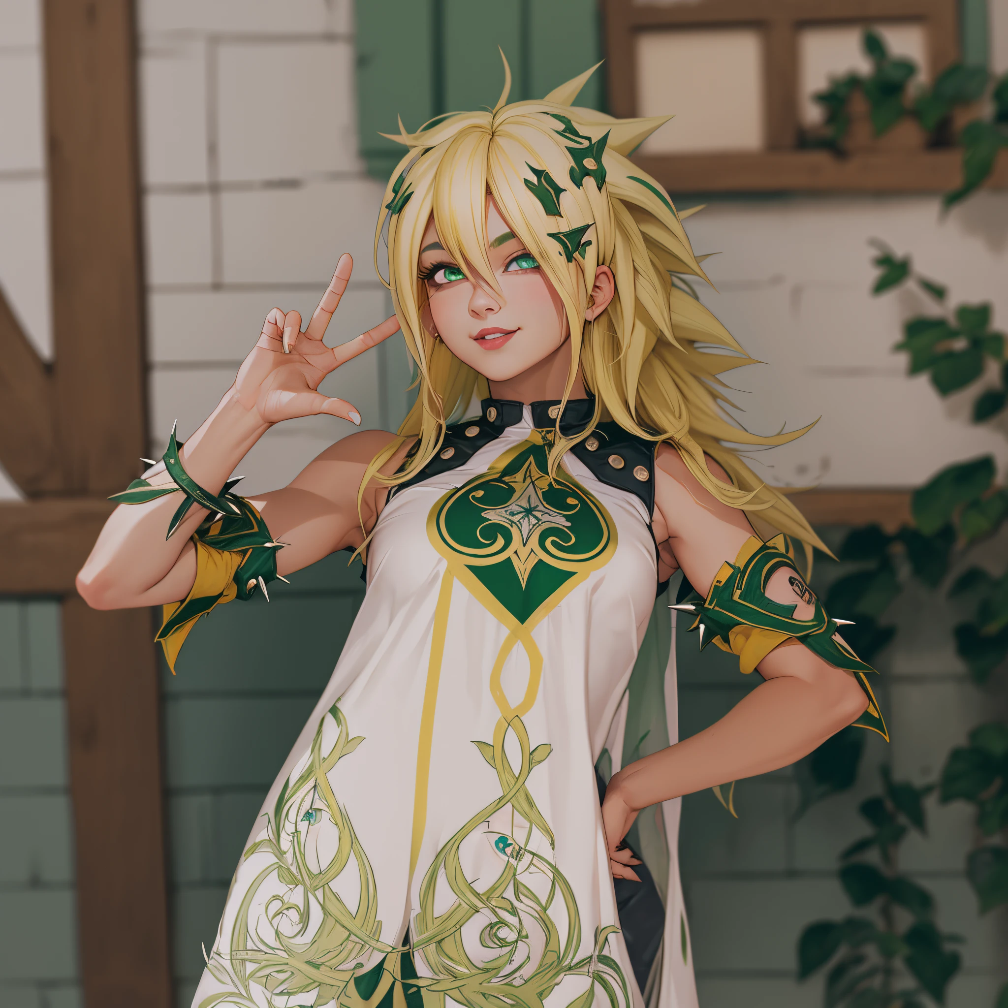 arafed woman in a white dress with green and gold accents, HD, (Masterpiece), (Photo:1.3),High Quality, High Resolution, Smile, Perfect Lighting, Masterpiece, beautiful, ((SuperSaiyan)), cowboy shot, ((blonde hair:1.3)), super saiyan, (spiked hair),detailed face, detailed eyes,