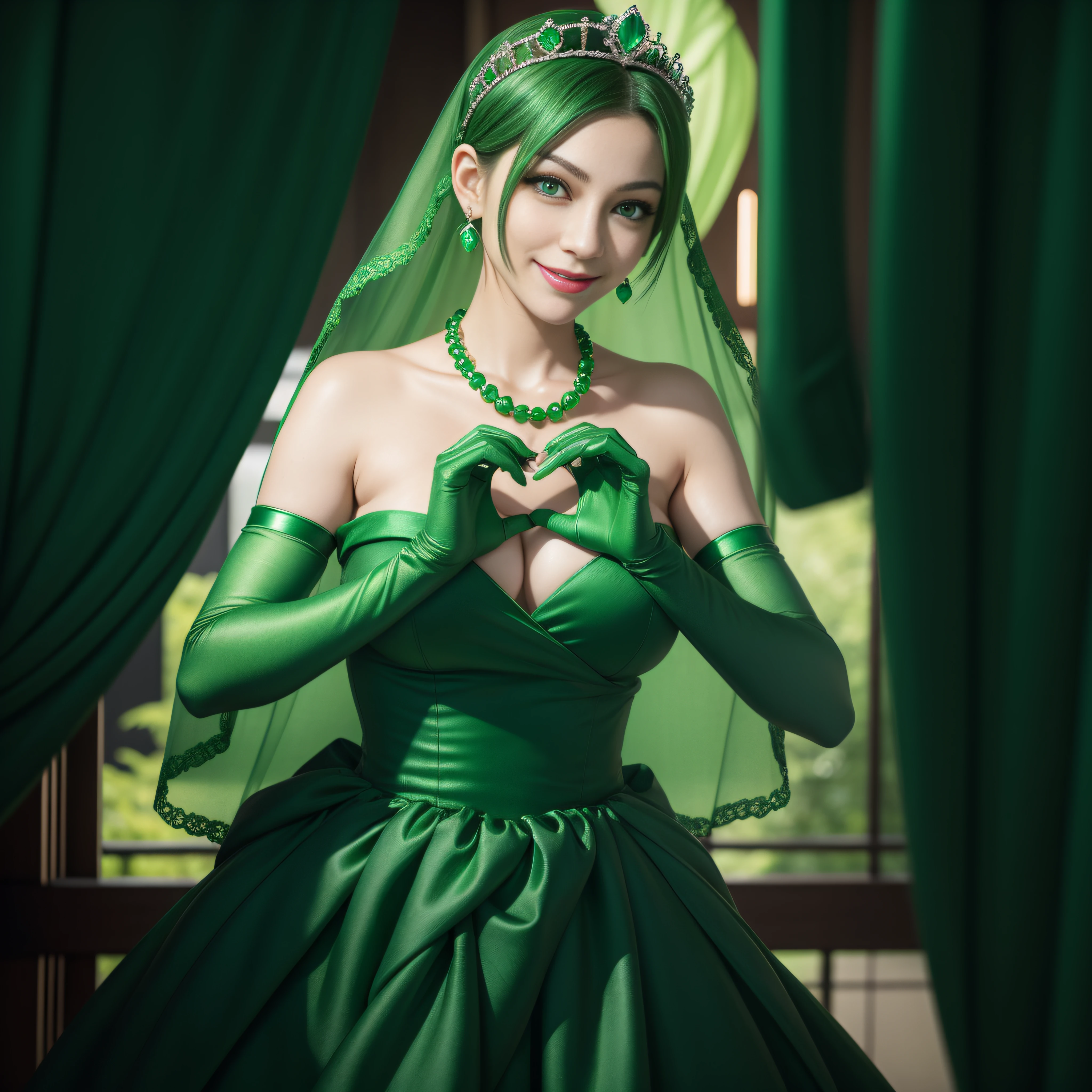 emerald tiara, Green Pearl Necklace, Boyish very short green hair, lipsticks, Japan woman smiling, very short short hair, big breasts beautiful, Green eyes, Long green gloves made of satin material, Green eyes, Emerald Earrings, green vale, Heart with both hands