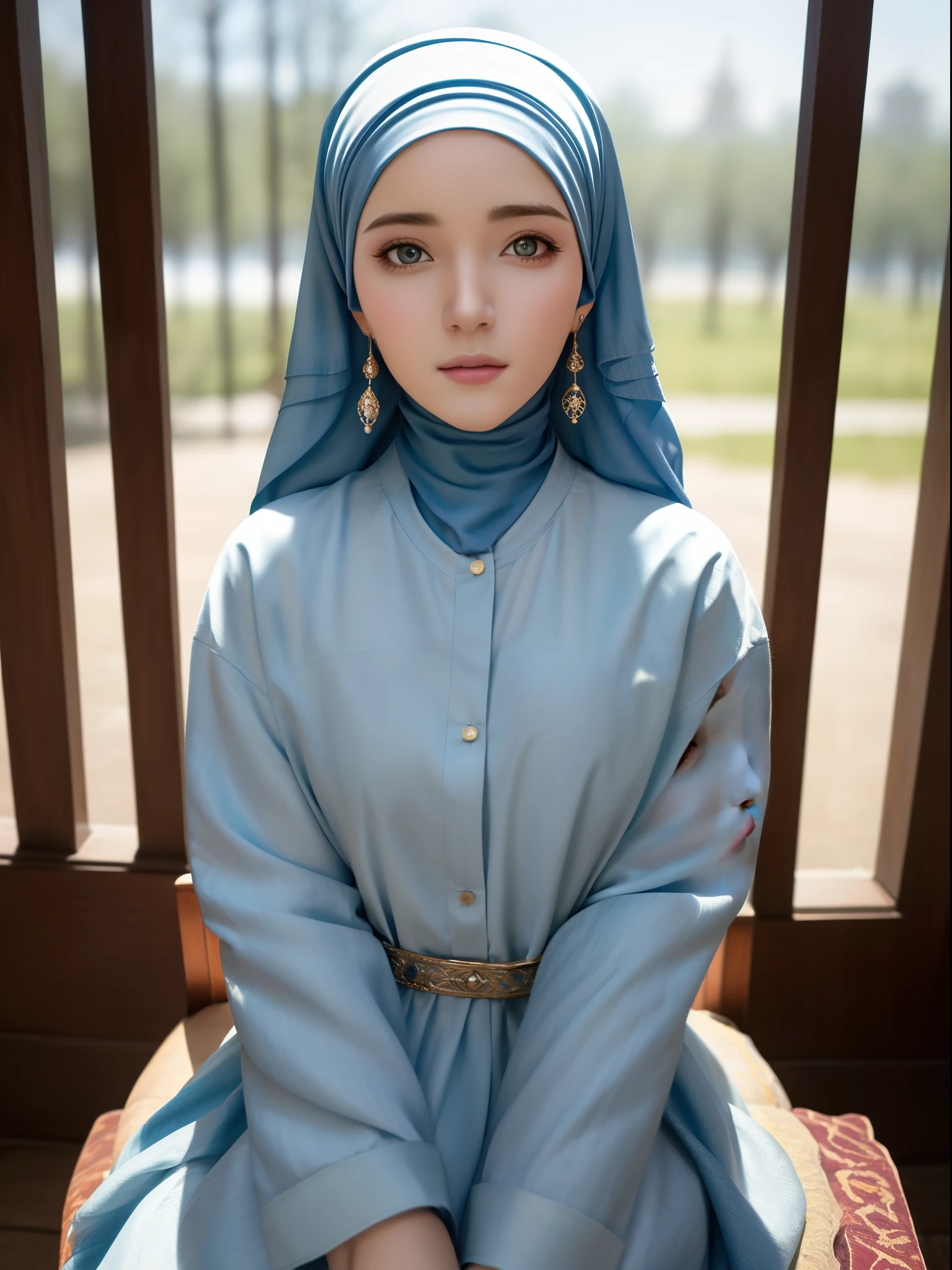 Very beautiful hijabi girl with detailed perfect face and perfect body, wearing long dress muslim attire, 1girl, 8k, octane rendering