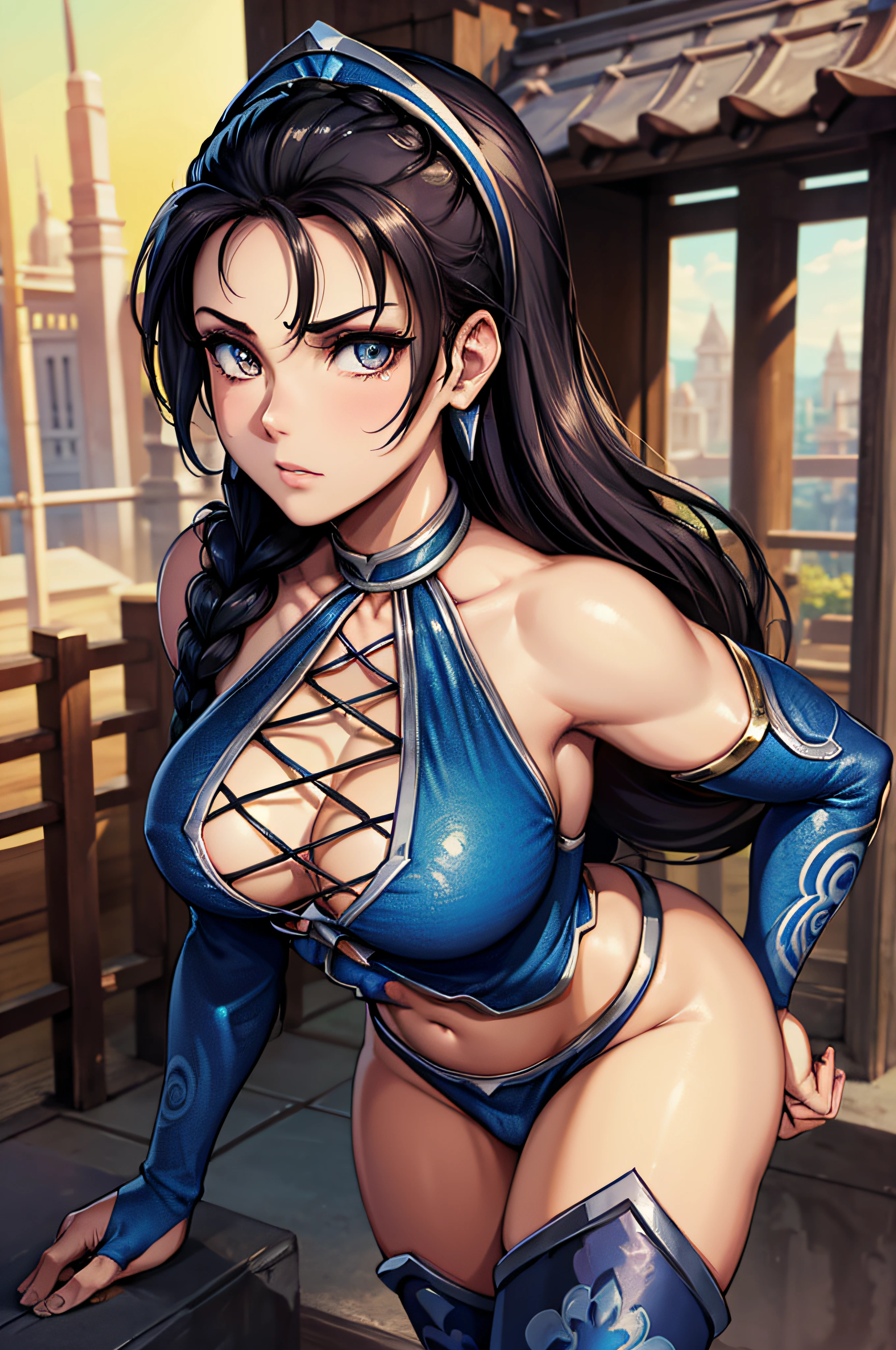 face portrait, (masterpiece), best quality, expressive eyes, perfect face, highres, (ultra details), 1 girl, solo, kitana, braid, thighhighs, hair ornament, eyeshadow, breasts, no mask, armor, shoulder armor, elbow gloves, standing, Buddhist temple background, looking at the viewer,