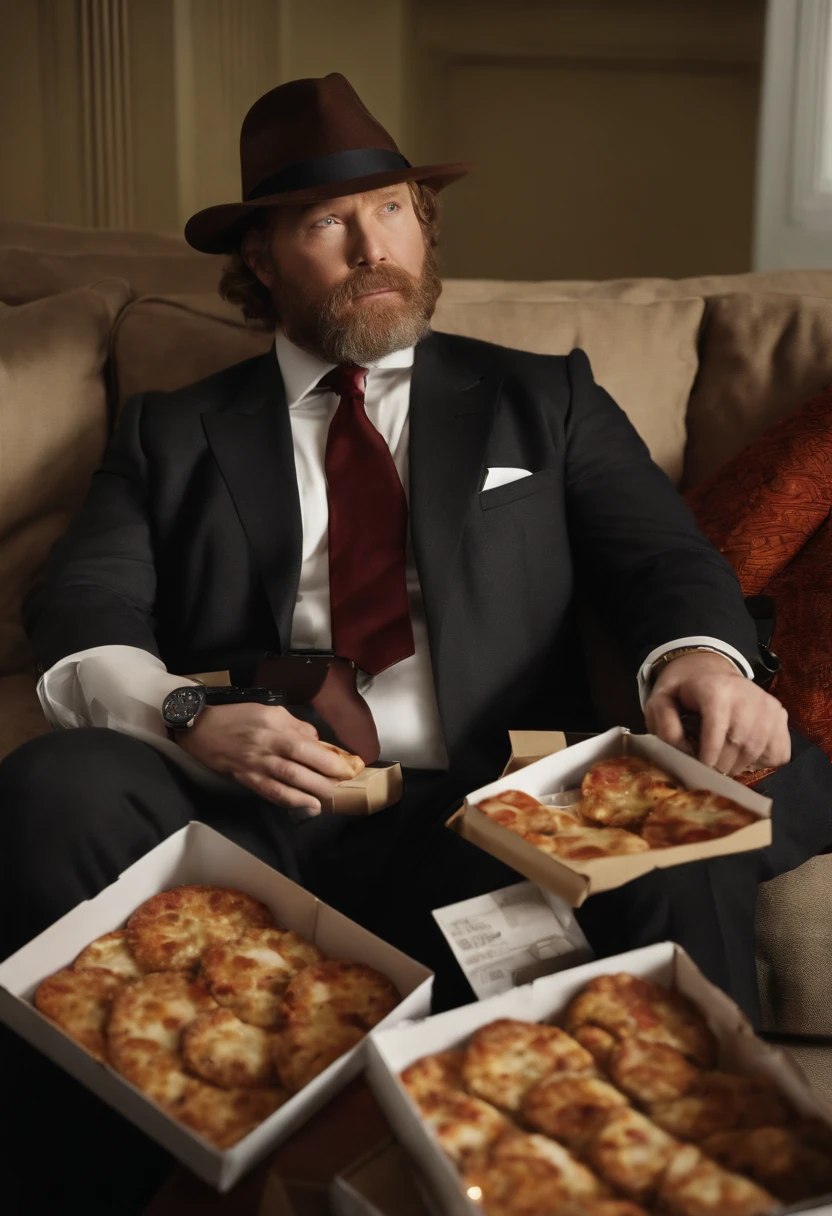 A photo of Harvey lying on the couch with a TV remote in hand, surrounded by pizza boxes and a takeout container, with an unimpressed look on his face.,Gotham,Harvey is an older male, with ginger and grey shaggy hair and beard, wears a suit and tie and fedora, famously portrayed by Donal Logue